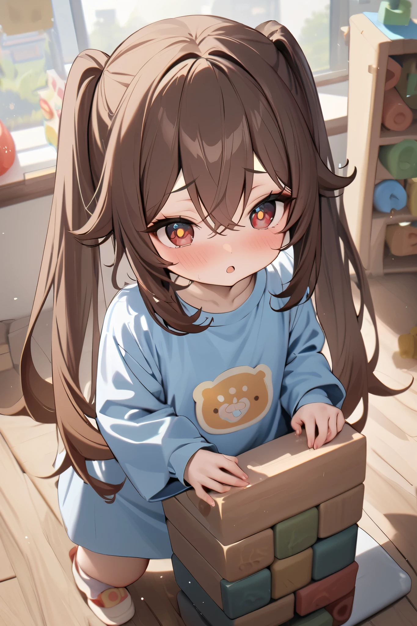 NSFW,masterpiece, top quality , high res, very detailed,Futao\(Genshin Impact\)、 long hair、bangs、Brown Hair、Red Eye、 hair between eyes、 twin tails、side lock、 symbol shaped pupil ,Kindergarten clothes,Smock,blush, Kindergarten,Building blocks