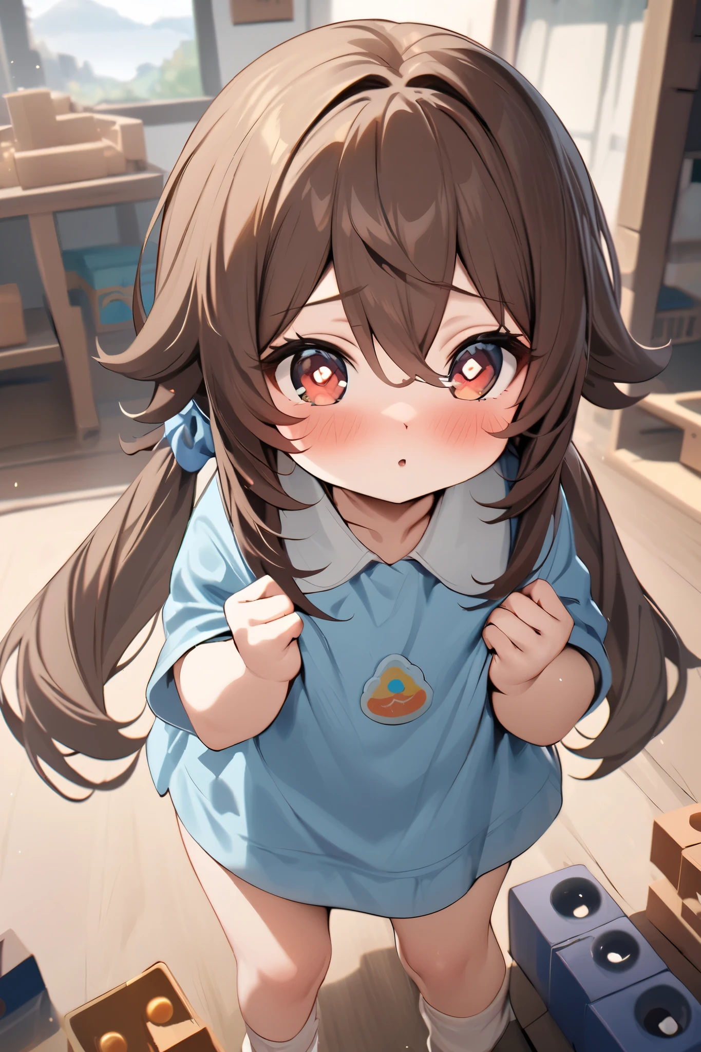 NSFW,masterpiece, top quality , high res, very detailed,Futao\(Genshin Impact\)、 long hair、bangs、Brown Hair、Red Eye、 hair between eyes、 twin tails、side lock、 symbol shaped pupil ,Kindergarten clothes,Smock,blush, Kindergarten,Building blocks