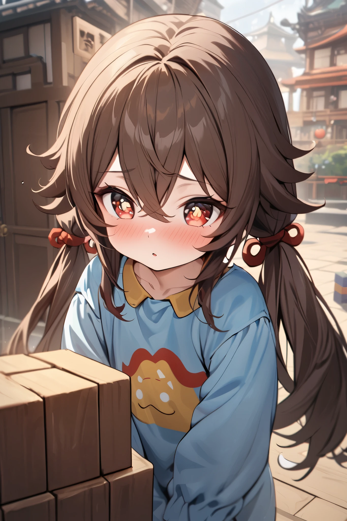 NSFW,masterpiece, top quality , high res, very detailed,Futao\(Genshin Impact\)、 long hair、bangs、Brown Hair、Red Eye、 hair between eyes、 twin tails、side lock、 symbol shaped pupil ,Kindergarten clothes,Smock,blush, Kindergarten,Building blocks