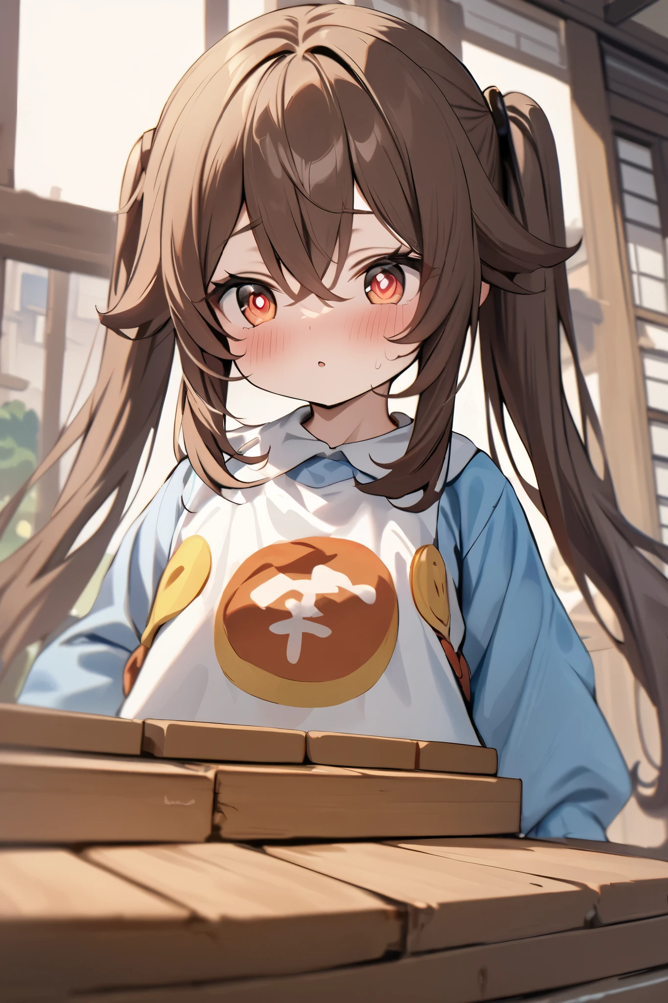 NSFW,masterpiece, top quality , high res, very detailed,Futao\(Genshin Impact\)、 long hair、bangs、Brown Hair、Red Eye、 hair between eyes、 twin tails、side lock、 symbol shaped pupil ,Kindergarten clothes,Smock,blush, Kindergarten,Building blocks