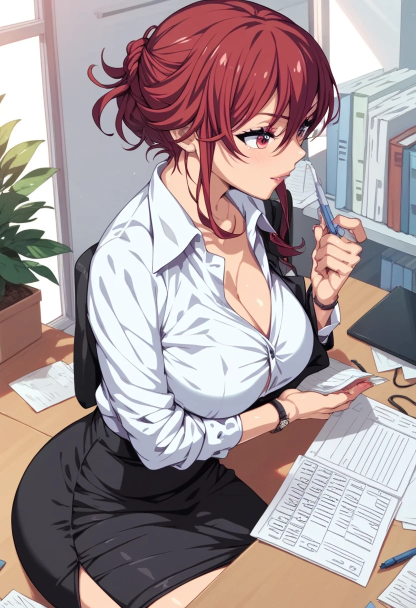 tomo aizawa, office,  short red hair ,  big breasts