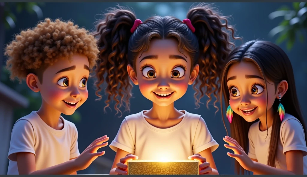 Style: Inspired by Disney-Pixar-style movies and promotional posters, zooming in on faces, focusing on vibrant emotions and magical details. The left side of the composition is intentionally left free to allow for the addition of text, while the characters are positioned from the center to the right of the frame. The perspective captures the characters leaning over the ground, focusing closely on their faces to emphasize their expressions.
Character Descriptions and Positions:
Character (Girl 1):
Description: A  girl, with fair skin and a tan tone, mixed-race features (black father and white mother).
Hair: Thick, curly, with lots of neat curls, tied in two ponytails with red ribbons.
Attire: Plain white t-shirt
Position: Positioned slightly to the right of center, she leans forward, holding a glowing magic box in her hands. Her expression is a mix of wonder and curiosity.
Left Character (Boy):
Description: A  boy, with tan skin and very light brown, curly hair, shaved on the side and lots of curls on top, neatly kept.
Attire: Plain white t-shirt.
Position: To the left of girl 1, leaning closer to the cash register with an open-mouthed expression of surprise and wonder.
Character on the right (indigenous girl):
Description: A  indigenous Brazilian girl with light tan skin and long, straight black hair.
Accessory: Large earrings with colorful feathers.
Attire: Plain white T-shirt.
Position: Slightly behind girl 1, leaning forward with a gentle, curious smile, her hand just above the cash register as if reaching out to feel its magic. Action:
Girl 1 holds the newly opened box that emits a special glow, the box appears in the image from the top half and in the center and the top half of an illustration of a golden tree, the other two characters also approach and the three concentrated from the center to the right corner of the image look at the box with an expression of happiness and that they are amazed by the glow that is emitted by this 