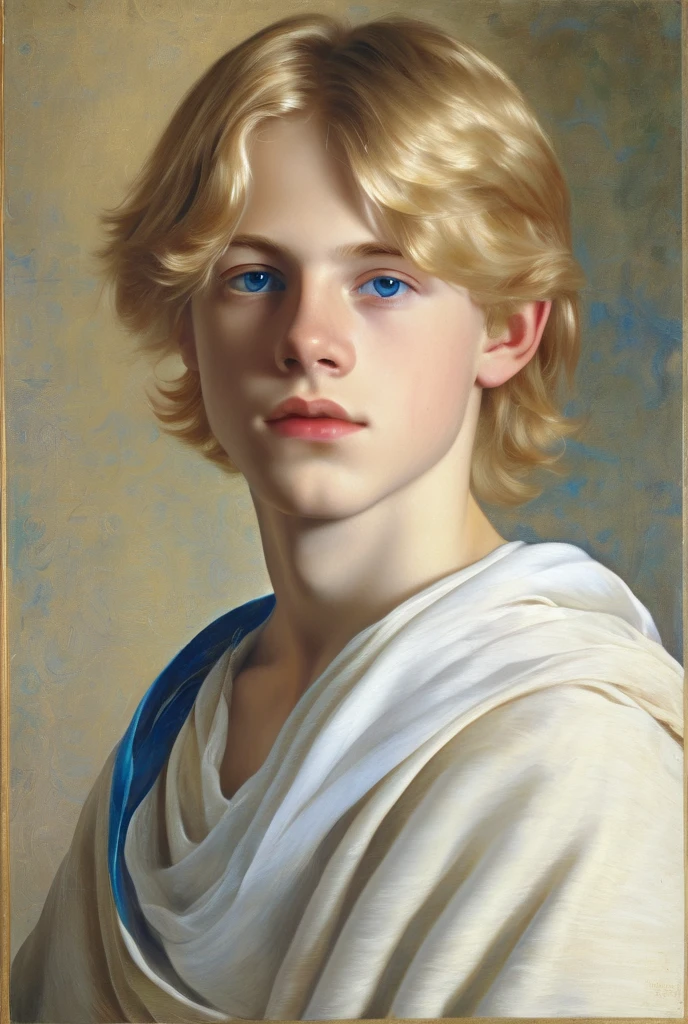  renaissance oil painting of a soft blonde haired teen male, white skin, blue eyes, pretty and soft looking face, with white cloth, delicate face, upturned buttoned nose, melancholic face, long light blond hair, 