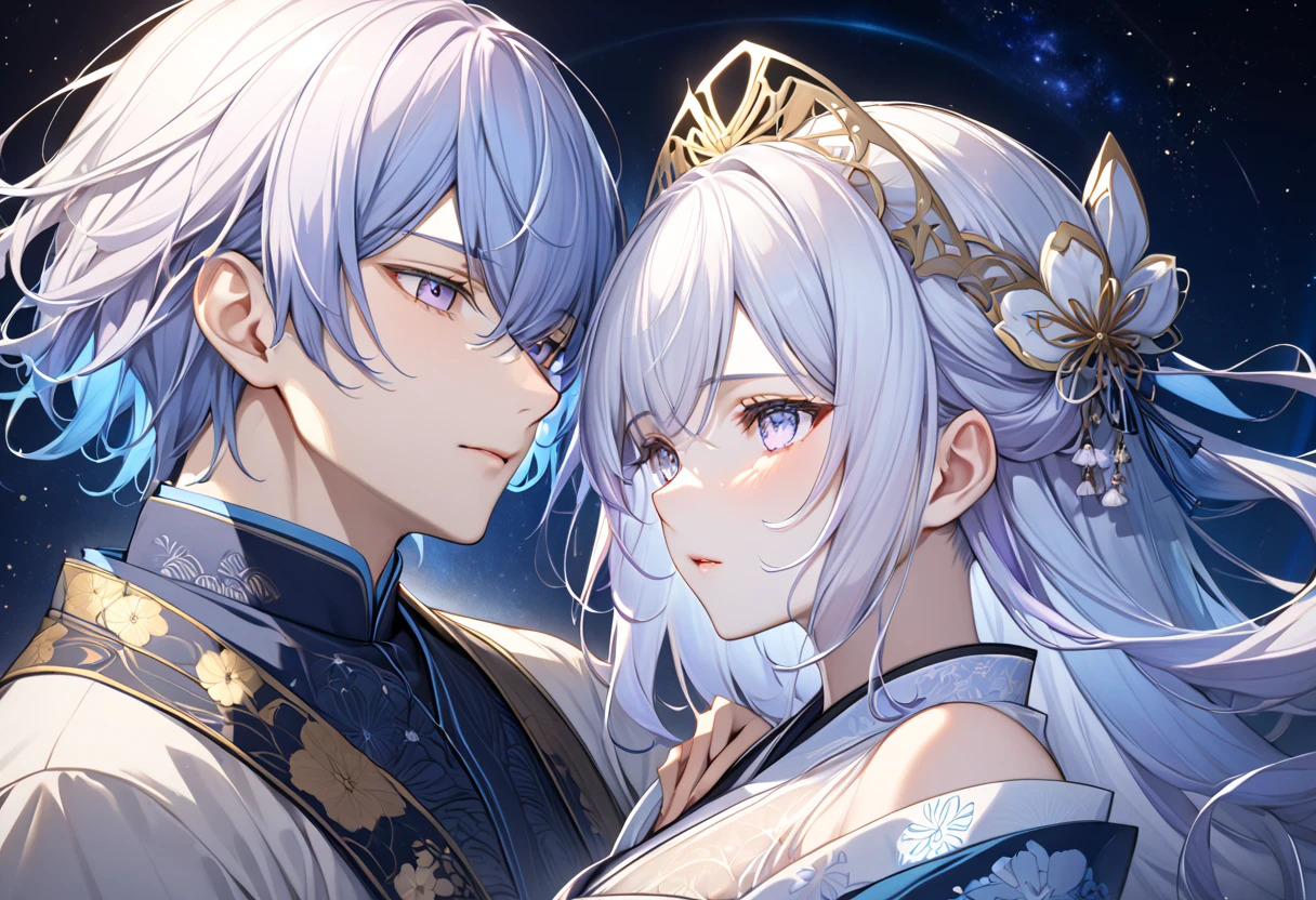 Fresh illustration,
Ultra-fine painting,
Top quality,
Very delicate illustration,
Very fine details,
Fair-skinned twins,
Older sister is a girl,
Brother is a boy,
Boy has short hair,
Girl has super long hair,
Girl's right eye is light blue,
Girl's left eye is light purple,
Both have heterochromatic eyes,
Both have large black pupils,
Both have beautiful eyes,
Boy's right eye is light purple,
Boy's left eye is light blue,
Both have shiny hair,
Both have blue roots and white hair elsewhere,
Both have gradational hair,
Both have one side of their foreheads exposed,
Both have cute faces,
Both have beautiful faces,
Both have shining angel halos on the back of their heads,
Girl has lowered eyebrows,
Boy has raised eyebrows,
Both have kimono upper bodies,
Both have Japanese upper bodies,
Both have white clothes overall,
Both have Chinese dresses lower bodies,
Both have obi The color is black,
the two are tastefully embroidered with gold thread,
they are wearing clothes made of high-quality fabric,
the girl has big breasts,
the boy has very small breasts,
the girl is wearing a thong,
the boy has a jockstrap,
the girl is wearing a garter belt,
the girl is wearing stockings,
the thigh straps are digging into her skin,
white long boots,
the toes of both are Japanese-style,
they have slim waists,
the girl has thick thighs,
the boy has thin thighs,
they are isometric,
they are in the golden ratio,
a divine atmosphere,
they are wearing indigo-colored stand-up collared innerwear,
outer space,
there are multiple galaxies,
there are countless small stars,
tactical use of shadows,
free poses,
exposed skin,
sexy poses,
lewd outfits,
perverts,
the girl's clothes are see-through, revealing her pink nipples and pussy,
the boy's clothes are see-through,