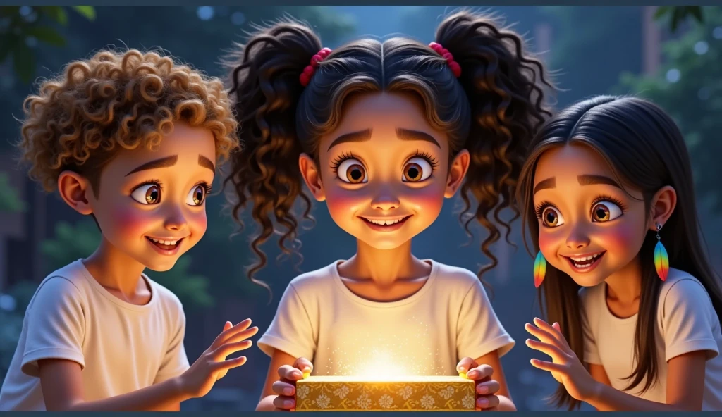 Style: Inspired by Disney-Pixar-style movies and promotional posters, zooming in on faces, focusing on vibrant emotions and magical details. The left side of the composition is intentionally left free to allow for the addition of text, while the characters are positioned from the center to the right of the frame. The perspective captures the characters leaning over the ground, focusing closely on their faces to emphasize their expressions.
Character Descriptions and Positions:
Character (Girl 1):
Description: A  girl, with fair skin and a tan tone, mixed-race features (black father and white mother).
Hair: Thick, curly, with lots of neat curls, tied in two ponytails with red ribbons.
Attire: Plain white t-shirt
Position: Positioned slightly to the right of center, she leans forward, holding a glowing magic box in her hands. Her expression is a mix of wonder and curiosity.
Left Character (Boy):
Description: A  boy, with tan skin and very light brown, curly hair, shaved on the side and lots of curls on top, neatly kept.
Attire: Plain white t-shirt.
Position: To the left of girl 1, leaning closer to the cash register with an open-mouthed expression of surprise and wonder.
Character on the right (indigenous girl):
Description: A  indigenous Brazilian girl with light tan skin and long, straight black hair.
Accessory: Large earrings with colorful feathers.
Attire: Plain white T-shirt.
Position: Slightly behind girl 1, leaning forward with a gentle, curious smile, her hand just above the cash register as if reaching out to feel its magic. Action:
Girl 1 holds the newly opened box that emits a special glow, the box appears in the image from the top half and in the center and the top half of an illustration of a golden tree, the other two characters also approach and the three concentrated from the center to the right corner of the image look at the box with an expression of happiness and that they are amazed by the glow that is emitted by this 