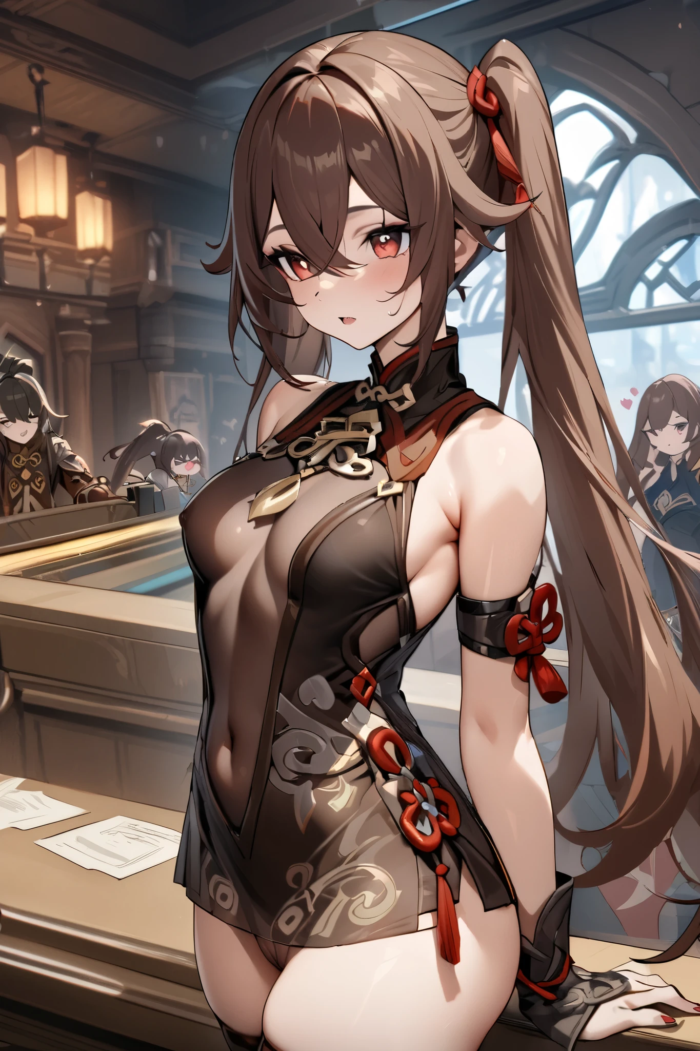 NSFW,masterpiece, top quality , high res, very detailed,Futao\(Genshin Impact\)、 long hair、bangs、Brown Hair、Red Eye、 hair between eyes、 twin tails、side lock、 symbol shaped pupil , leotards, high leg, sleeveless, micro mini skirt, see-through, fantasy, Adventurers Guild, reception counter