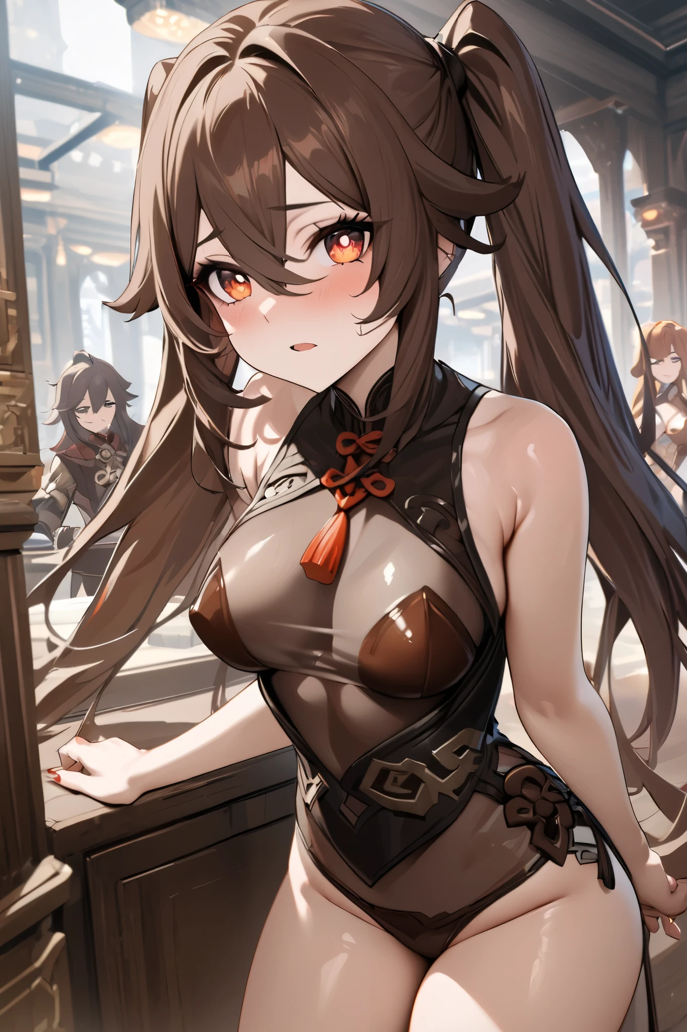 NSFW,masterpiece, top quality , high res, very detailed,Futao\(Genshin Impact\)、 long hair、bangs、Brown Hair、Red Eye、 hair between eyes、 twin tails、side lock、 symbol shaped pupil , leotards, high leg, sleeveless, micro mini skirt, see-through, fantasy, Adventurers Guild, reception counter