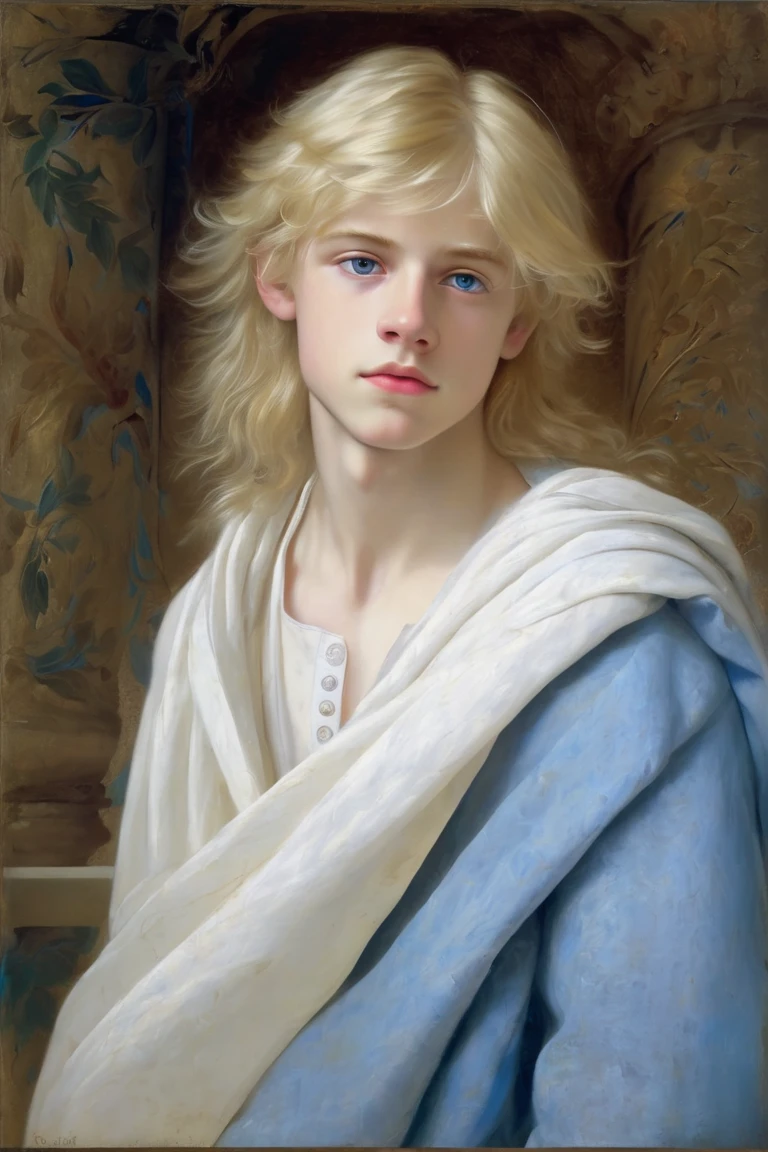  renaissance oil painting of a soft blonde haired teen male, white skin, blue eyes, pretty and soft looking face, with white cloth, delicate face, upturned buttoned nose, melancholic face, long light blond hair, 