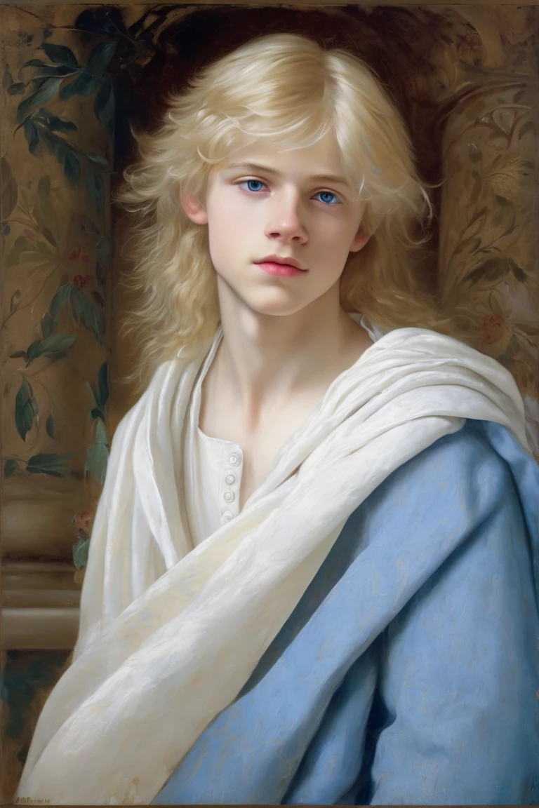  renaissance oil painting of a soft blonde haired teen male, white skin, blue eyes, pretty and soft looking face, with white cloth, delicate face, upturned buttoned nose, melancholic face, long light blond hair, 