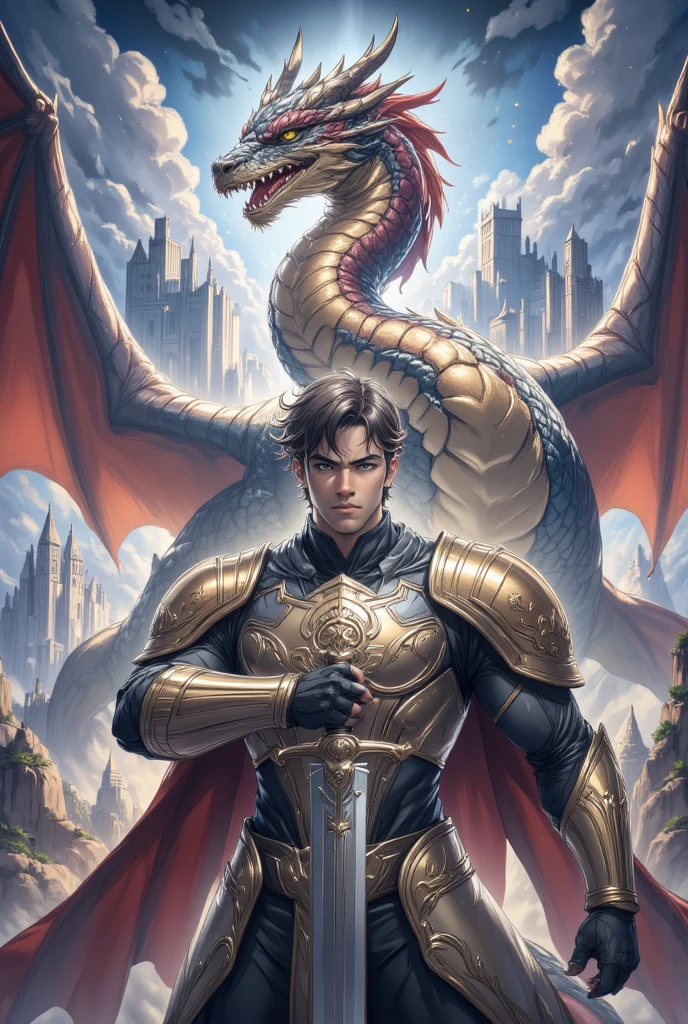 score_9, score_8_up, score_7_up, score_6_up. An anime-style illustration of a man with a dragon on his back, set in an epic anime fantasy landscape. The man is a dragon knight, dressed in detailed and ornate armor that shines with a metallic finish. The dragon is a majestic creature with gleaming scales and piercing eyes, partially fused with the knight's body in a human-dragon fusion. The scene is filled with epic fantasy elements, including towering mountains, ancient castles, and a dramatic sky with stormy clouds. The lighting is intense, with golden rays highlighting the details of the knight's armor and the dragon's scales. The knight holds a powerful sword, ready for battle, with a determined and courageous expression. The dragon, with its wings spread, appears ready to take flight, adding a sense of movement and dynamism to the scene. The composition is balanced, with the knight and dragon centered, surrounded by elements that reinforce the grandeur and epic nature of the scene. The overall atmosphere is one of adventure and heroism, with a sense of impending danger and unwavering courage. The illustration is detailed and vibrant, capturing the essence of epic fantasy anime style. (((medium_close_up))), handfixer