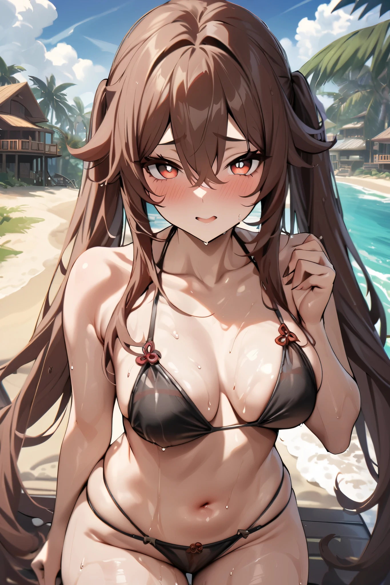 NSFW,masterpiece, top quality , high res, very detailed,Futao\(Genshin Impact\)、 long hair、bangs、Brown Hair、Red Eye、 hair between eyes、 twin tails、side lock、 symbol shaped pupil , bikini,beach, palm trees,Beach House, wet