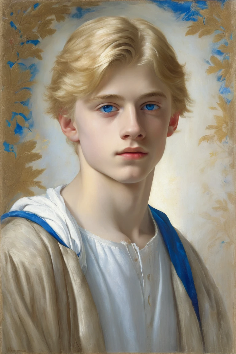  renaissance oil painting of a soft blonde haired teen male, white skin, blue eyes, pretty and soft looking face, with white cloth, delicate face, upturned buttoned nose, melancholic face, long light blond hair, round face