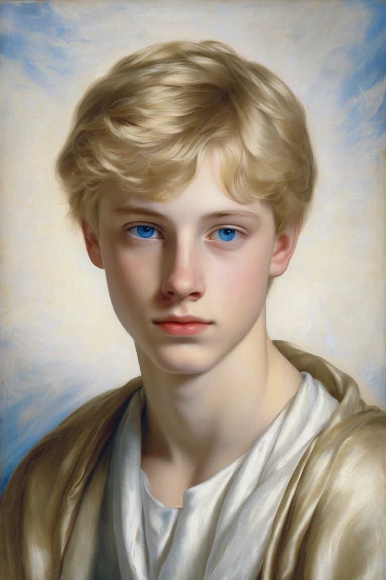  renaissance oil painting of a soft blonde haired teen male, white skin, blue eyes, pretty and soft looking face, with white cloth, delicate face, upturned buttoned nose, melancholic face, long light blond hair, 