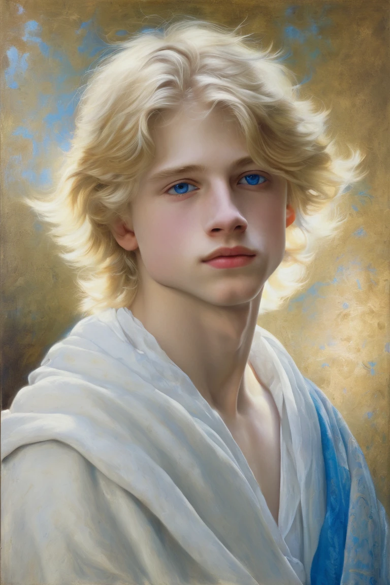  renaissance oil painting of a soft blonde haired teen male, white skin, blue eyes, pretty and soft looking face, with white cloth, delicate face, upturned buttoned nose, melancholic face, long light blond hair, 