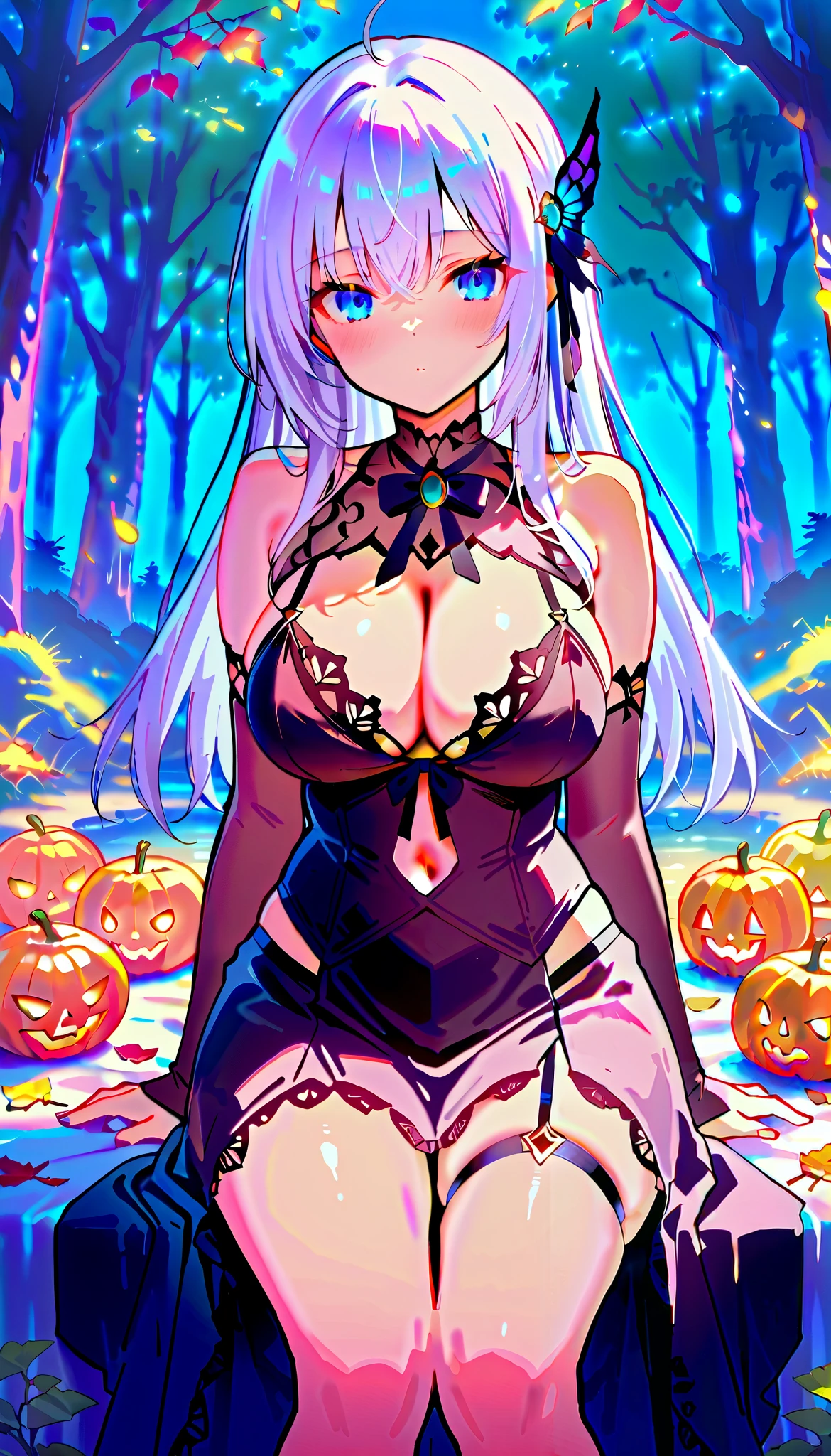   dazzling ,  intellectual and elegant  ，alia,  Create an enchanting anime-style illustration of a beautiful woman with long white hair,  dressed in very sexy Halloween lingerie . Big breasts  (225 cm),  thick sexy thighs,a large neckline  ,  She is in a moonlit forest  ,   surrounded by shiny pumpkins and floating autumn leaves  .   The composition should focus on your striking features  ,   with hair falling elegantly over the shoulders  . Use soft , }  ethereal lighting that casts soft shadows  , highlighting the mystical atmosphere.   The color palette must include deep purples  ,   vibrant oranges  ,   and touches of silver to evoke a magician  , Vibe de Halloween.   Incorporate intricate details into your fantasy  ,   weather like lace and shiny fabrics  ,   showing textures that contrast with the softness of your skin  .  } Capture the feeling of movement as the leaves dance around you  ,  creating a ,   but slightly mysterious  .   fanciful Look for high resolution  , adequado para uma impressão   dazzling,   with sharp details and vibrant colors  ,   pretty face,Extremely sexy poses