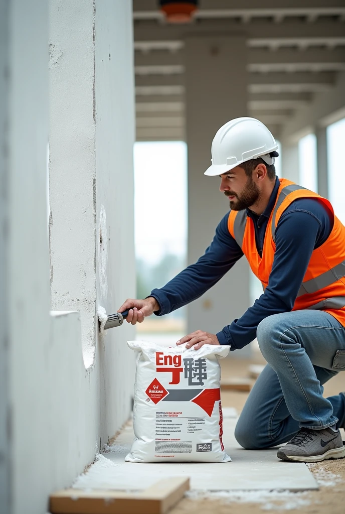 pair of feet in safe work clothes, high work shoes and hands carrying white work helmet indoors, building place background