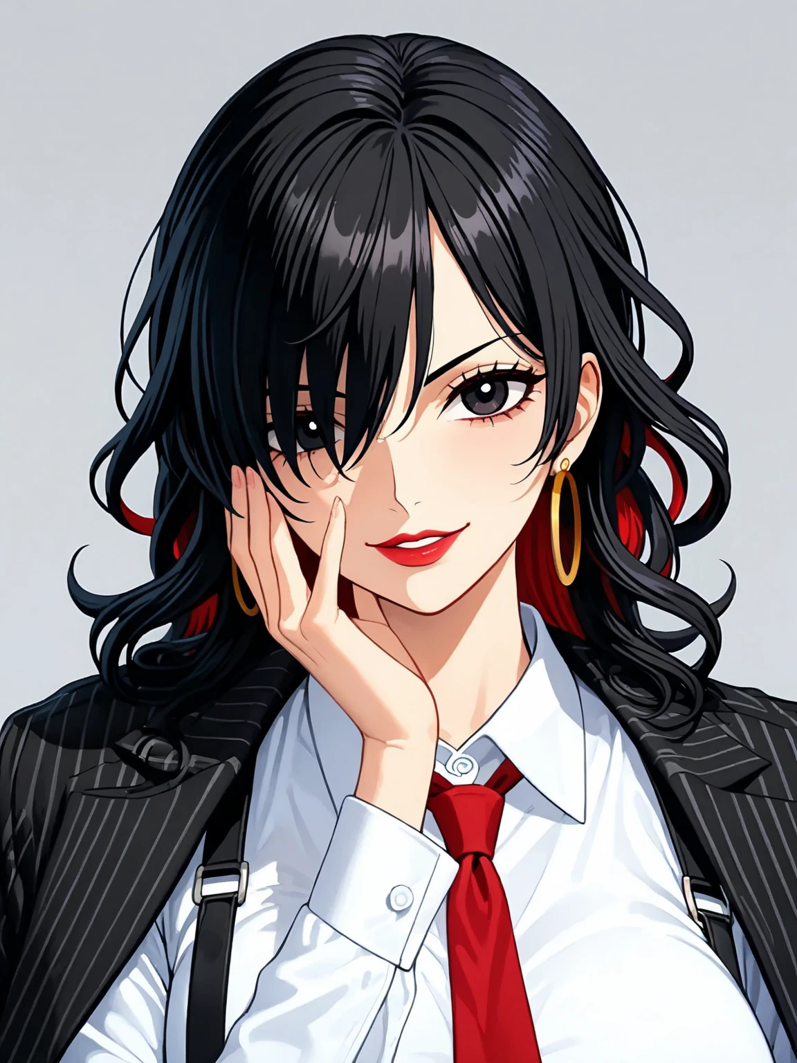 ((masterpiece)), ((high quality)),((ultra-detailed)), ((extremely detailed)),4K,8K, (((one piece))), office lady, pants suit, black pants, ((white collared shirt with suspenders)), red necktie, jacket on shoulders, elegant black pinstripe jacket, elegant belt, 25 years old, a beautiful woman, very tall woman with great style, perfect plump breasts, perfect body, slender body, 1girl, solo, perfect hands, long curly hair, black hair, black pupils, ((inner red hair:1.5)), dark pupils, narrow eyes,perfect face, perfect eyes, black pupils, red lips, red necktie, ((hair over one eye)), hoop earrings, smirk, white plain background, hand on face