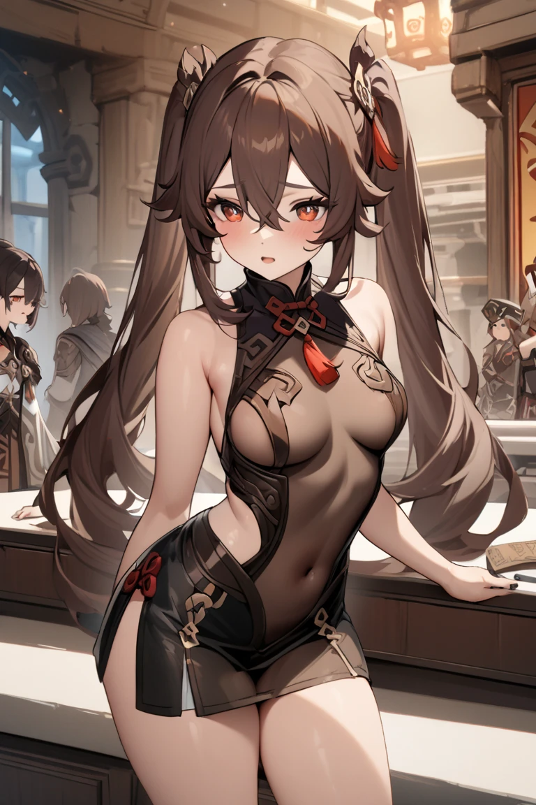 NSFW,masterpiece, top quality , high res, very detailed,Futao\(Genshin Impact\)、 long hair、bangs、Brown Hair、Red Eye、 hair between eyes、 twin tails、side lock、 symbol shaped pupil , leotards, high leg, sleeveless, micro mini skirt, see-through, fantasy, Adventurers Guild, reception counter