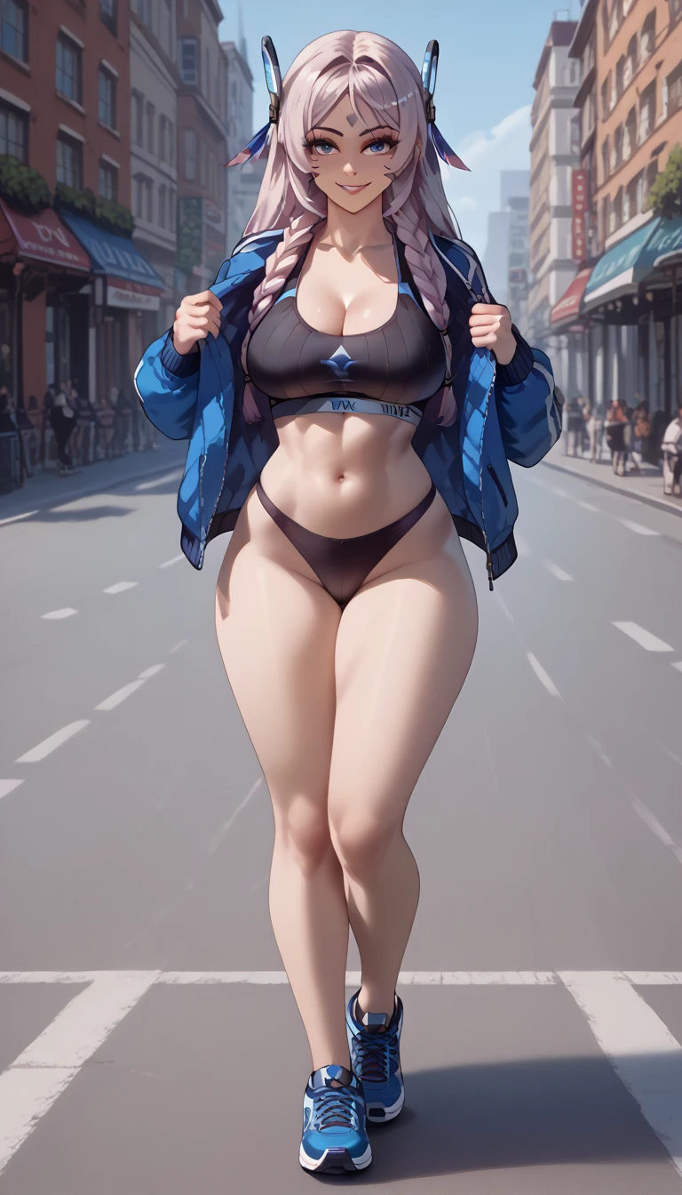 ultra-detailed, 1girl, citlali, ((masterpiece)), (best quality), (highres), 16K, twin braids, facial mark, long hair, blue eyes, wearing jacket, sports bra, black panties, sports shoes, busty body, large breasts and a beautiful ass, showcasing cleavage, legs, hips, looking at viewer, smile, detailed face, detailed hair, detailed full body, street background