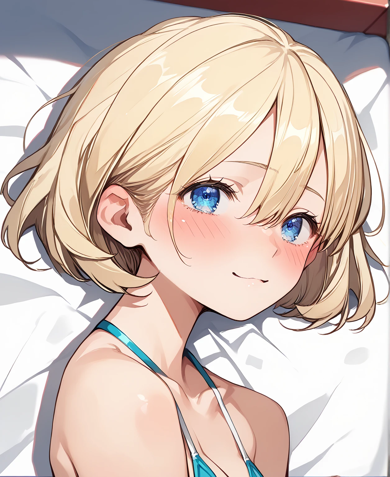  watch the audience  ,  Better Quality , masterpiece , nsfw,   ANATOMICALLY CORRECT  ,  Source_Anime,  sexy girls (  Shorthair,  hair between eyes, Blonde,  bob hair、 blue eyes, ,  blush, Roll your eyes,  ahe face,   small tits ,   Very Thin Waist  ,  Small handle with slim body, full body view ),  She is wearing a sexy blue mature shiny bikini that boldly shows off her bare skin,  sunbathing on the beach in an upscale location , Stand in front of an audience, Sensually modeled ,