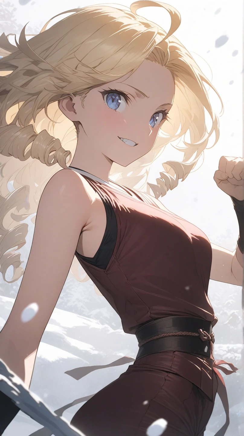 ultra-detailed, detailed face, Solo, a girl, blonde, long hair, drill hair, ahoge, blue eyes, slant eyes, narrow eyes, maroon sportswear long pants, maroon sportswear, Black platform boots, grinning, neutral, expressionless, Mouth grinning, raised fist, (A small white Chinese Dragon flies around the girl), white snow background with east asian architecture, anime, illustration, masterpiece, best quality, detailed, mystical atmosphere, Dark atmosphere, soft-edged, soft surface, simple line drawing, from side, aerial view, spot lighting, backlighting, moody lighting, underlighting, sharp shadows, fast shutter speed, 2D Anime, Best Hands, Best Hand, 135mm, F4.0, SONY FE GM,  