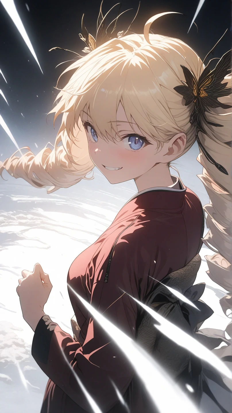 ultra-detailed, detailed face, Solo, a girl, blonde, long hair, drill hair, ahoge, blue eyes, slant eyes, narrow eyes, maroon sportswear long pants, maroon sportswear, Black platform boots, grinning, neutral, expressionless, Mouth grinning, raised fist, (A small white Chinese Dragon flies around the girl), white snow background with east asian architecture, anime, illustration, masterpiece, best quality, detailed, mystical atmosphere, Dark atmosphere, soft-edged, soft surface, simple line drawing, from side, aerial view, spot lighting, backlighting, moody lighting, underlighting, sharp shadows, fast shutter speed, 2D Anime, Best Hands, Best Hand, 135mm, F4.0, SONY FE GM,  