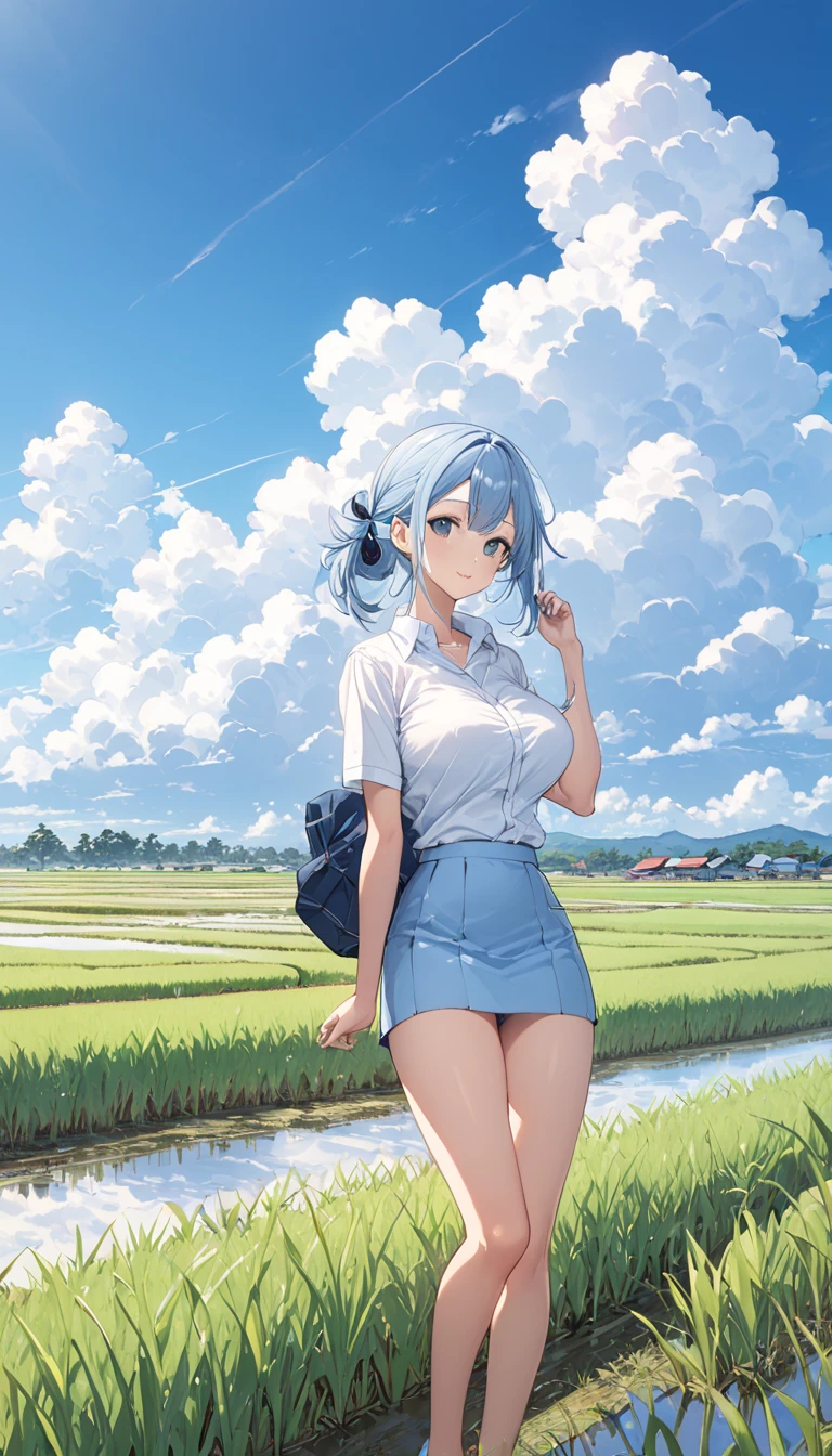  high school girl uniform with the upper half tied 、Big Breasts、Short-sleeved plain shirt 、Girls&#39; Underwear、The light blue miniskirt rolls up and the panties are visible、 rice paddies roll up to the horizon 、Clear skies and cumulonimbus clouds 