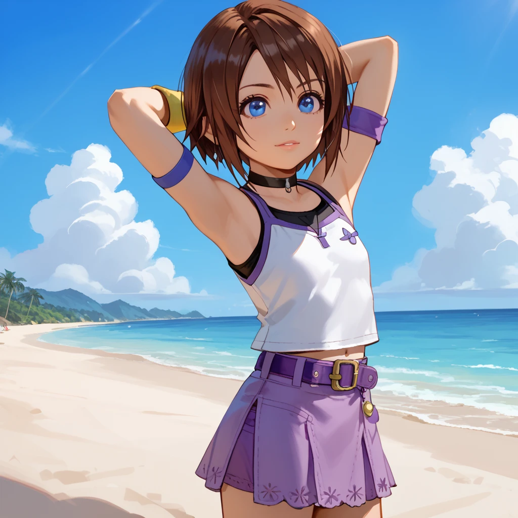 score_9, score_8, score_7, BREAK, kairi_kh1, flat chest, cute, brown hair, short hair, blue eyes, wrist band, choker, belt, tank top, skirt, cute, hands behind head, beach, natural lighting