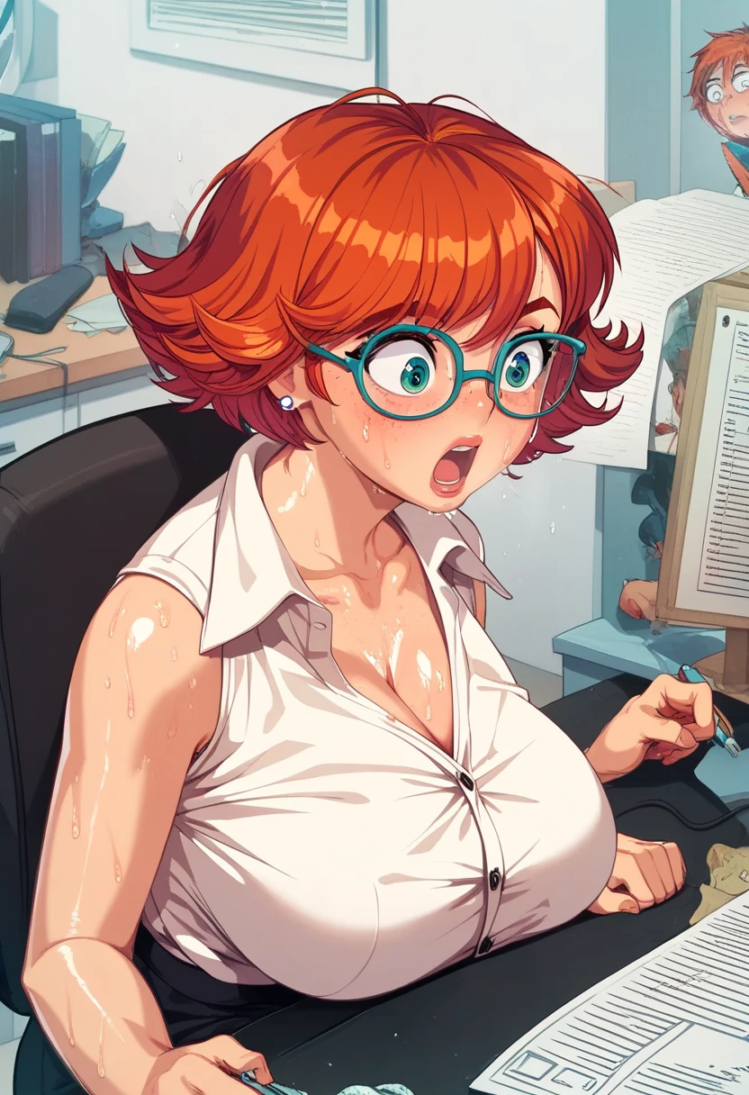 nerdy girl,  short hair, redhead, nervousness, stressed, office,  big breasts,, working, ,  sweating too much, sticky, apestosa, drenched in sweat, saddened, Surprised, Seeing a penis spilling semen on her