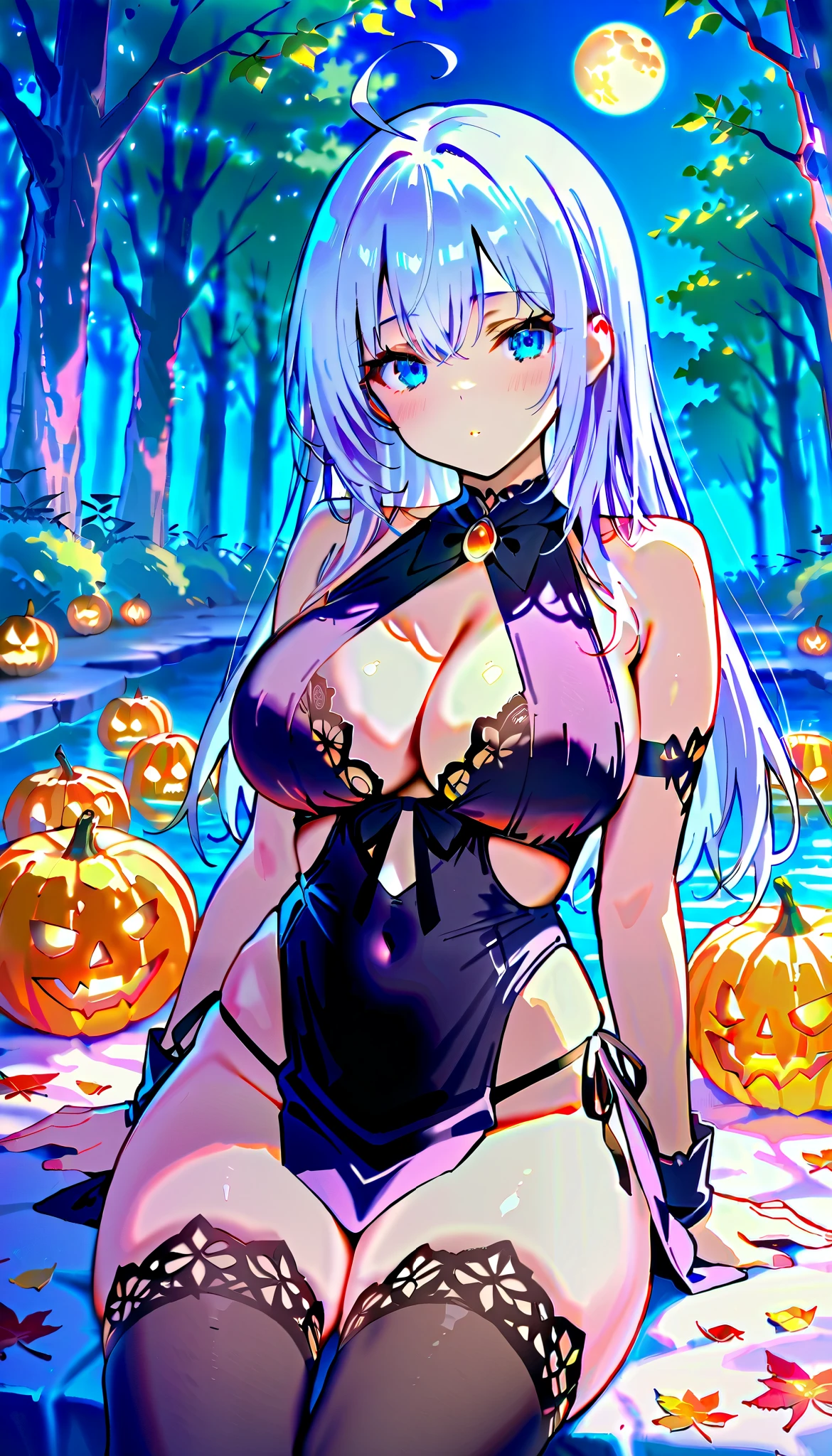   dazzling ,  intellectual and elegant  ，alia,  Create an enchanting anime-style illustration of a beautiful woman with long white hair,  dressed in very sexy Halloween lingerie . Big breasts  (225 cm),  thick sexy thighs,a large neckline  ,  She is in a moonlit forest  ,   surrounded by shiny pumpkins and floating autumn leaves  .   The composition should focus on your striking features  ,   with hair falling elegantly over the shoulders  . Use soft , }  ethereal lighting that casts soft shadows  , highlighting the mystical atmosphere.   The color palette must include deep purples  ,   vibrant oranges  ,   and touches of silver to evoke a magician  , Vibe de Halloween.   Incorporate intricate details into your fantasy  ,   weather like lace and shiny fabrics  ,   showing textures that contrast with the softness of your skin  .  } Capture the feeling of movement as the leaves dance around you  ,  creating a ,   but slightly mysterious  .   fanciful Look for high resolution  , adequado para uma impressão   dazzling,   with sharp details and vibrant colors  ,   pretty face