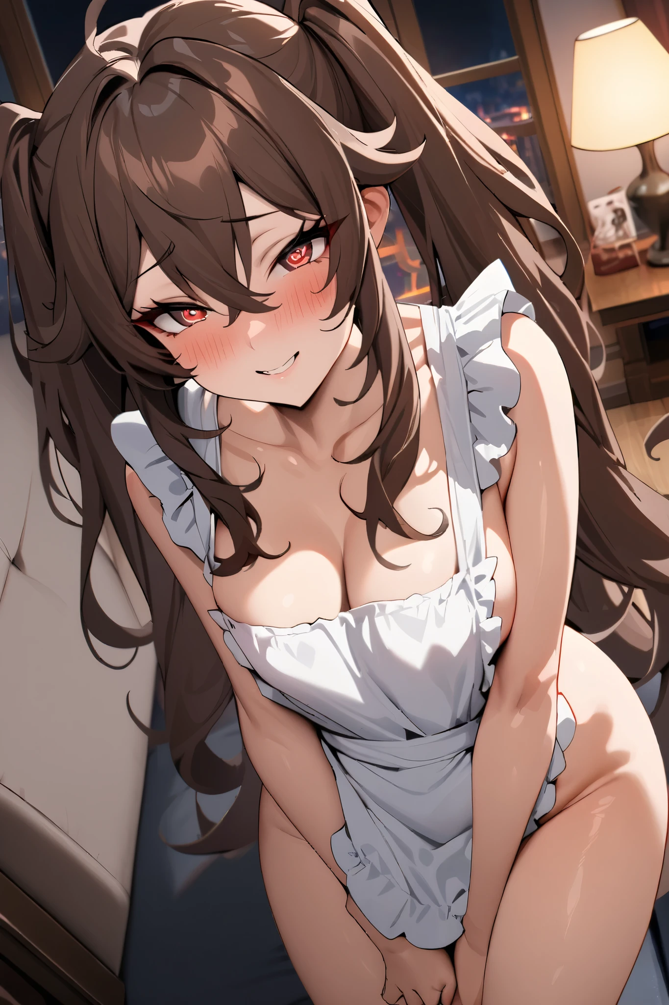 NSFW,masterpiece, top quality , high res, very detailed,Futao\(Genshin Impact\)、 long hair、bangs、Brown Hair、Red Eye、 hair between eyes、 twin tails、side lock、 symbol shaped pupil ,naked, ruffle apron ,Living room at night,smile,blush, lustful face,Seduce,Married Woman