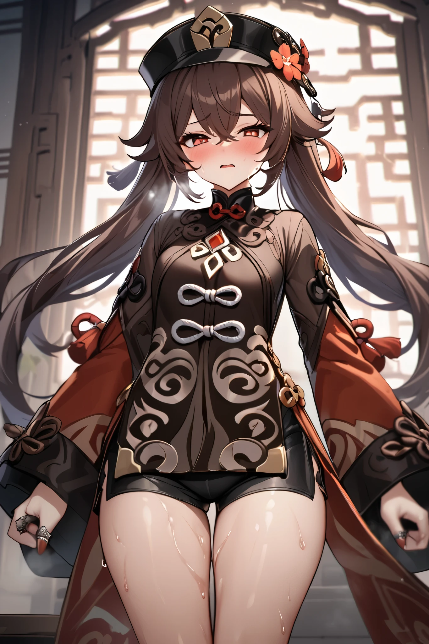 NSFW,masterpiece, top quality , high res, very detailed,Futao\(Genshin Impact\)、 long hair、bangs、Brown Hair、Red Eye、 hair between eyes、 twin tails、side lock、 symbol shaped pupil , Long Sleeve 、hat、gem、flower、 SHORTS、 wide sleeve、 comments、 Chinese clothes、黒の SHORTS、ring、Black Nails、hat飾り、hatのflower,sweat,Heavy breathing,blush, crotch wet 