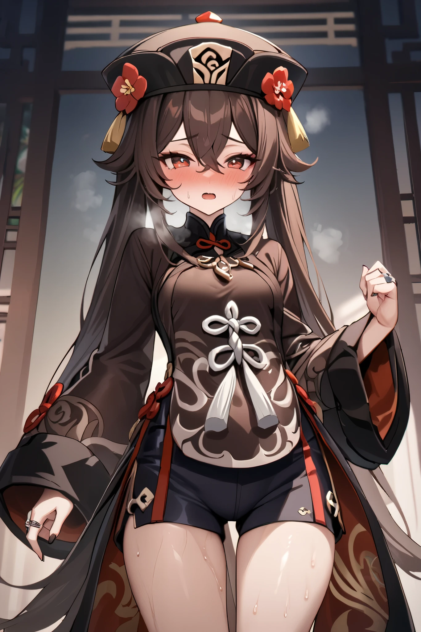 NSFW,masterpiece, top quality , high res, very detailed,Futao\(Genshin Impact\)、 long hair、bangs、Brown Hair、Red Eye、 hair between eyes、 twin tails、side lock、 symbol shaped pupil , Long Sleeve 、hat、gem、flower、 SHORTS、 wide sleeve、 comments、 Chinese clothes、黒の SHORTS、ring、Black Nails、hat飾り、hatのflower,sweat,Heavy breathing,blush, crotch wet 