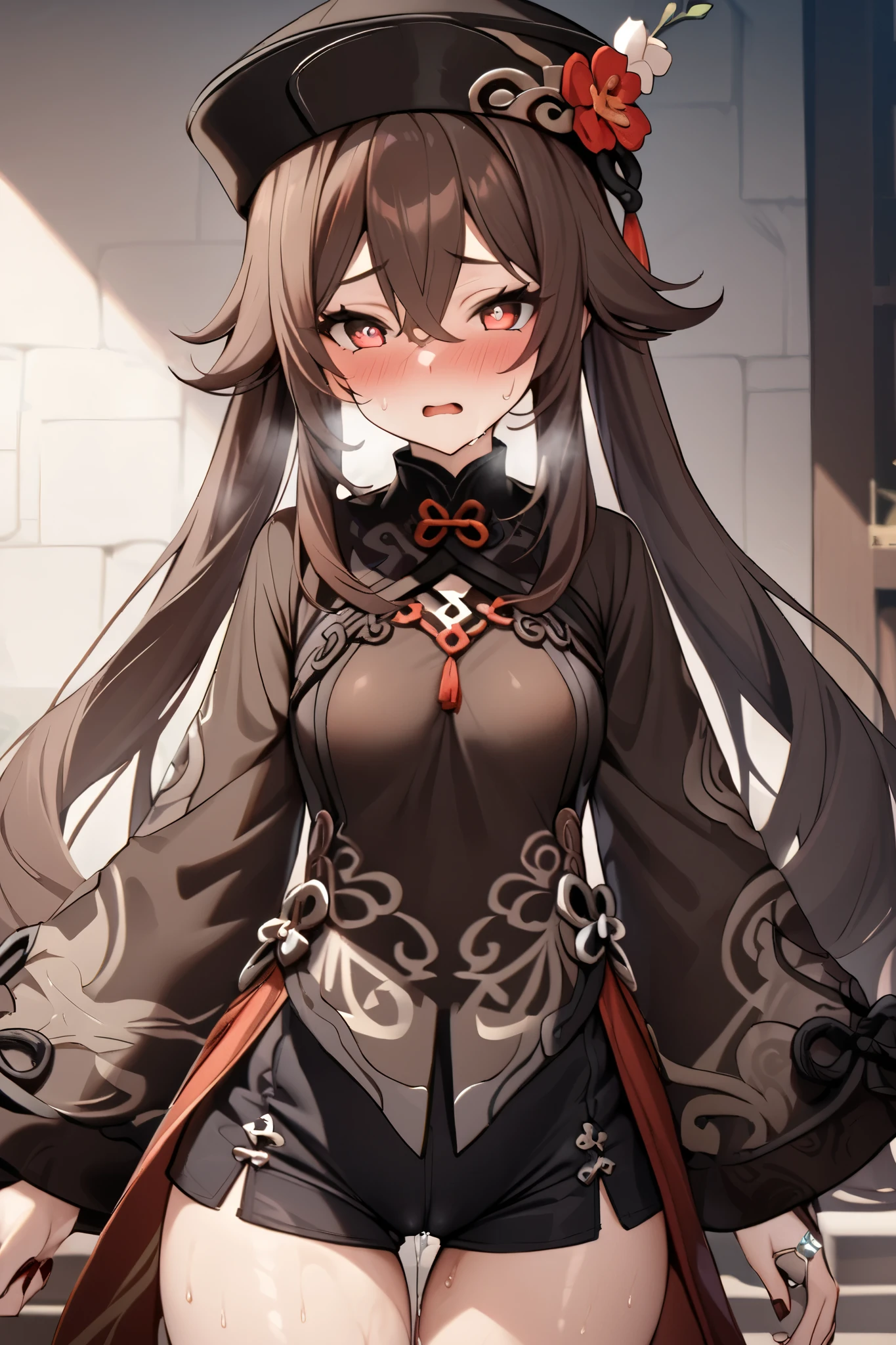 NSFW,masterpiece, top quality , high res, very detailed,Futao\(Genshin Impact\)、 long hair、bangs、Brown Hair、Red Eye、 hair between eyes、 twin tails、side lock、 symbol shaped pupil , Long Sleeve 、hat、gem、flower、 SHORTS、 wide sleeve、 comments、 Chinese clothes、黒の SHORTS、ring、Black Nails、hat飾り、hatのflower,sweat,Heavy breathing,blush, crotch wet 