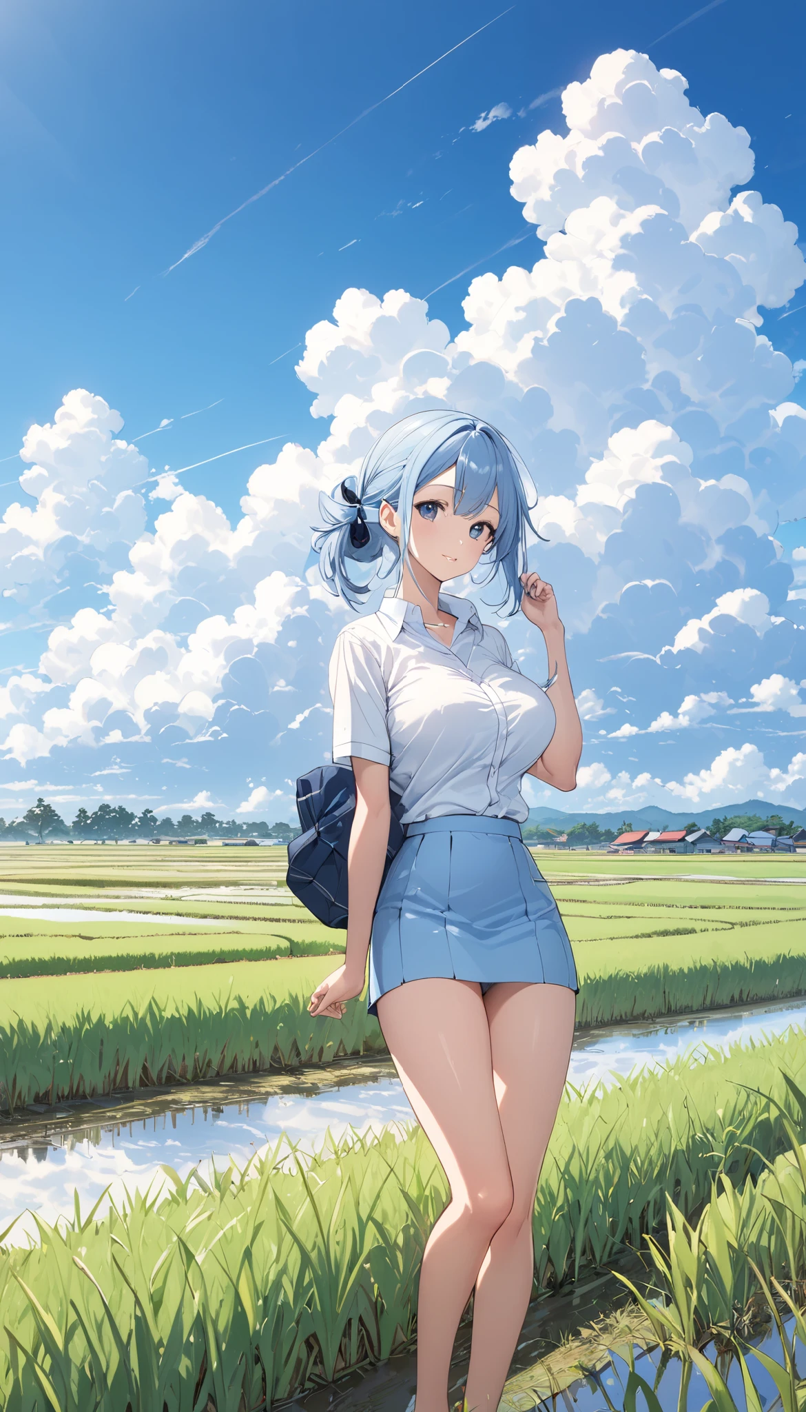  high school girl uniform with the upper half tied 、Big Breasts、Short-sleeved plain shirt 、Girls&#39; Underwear、The light blue miniskirt rolls up and the panties are visible、 rice paddies roll up to the horizon 、Clear skies and cumulonimbus clouds 