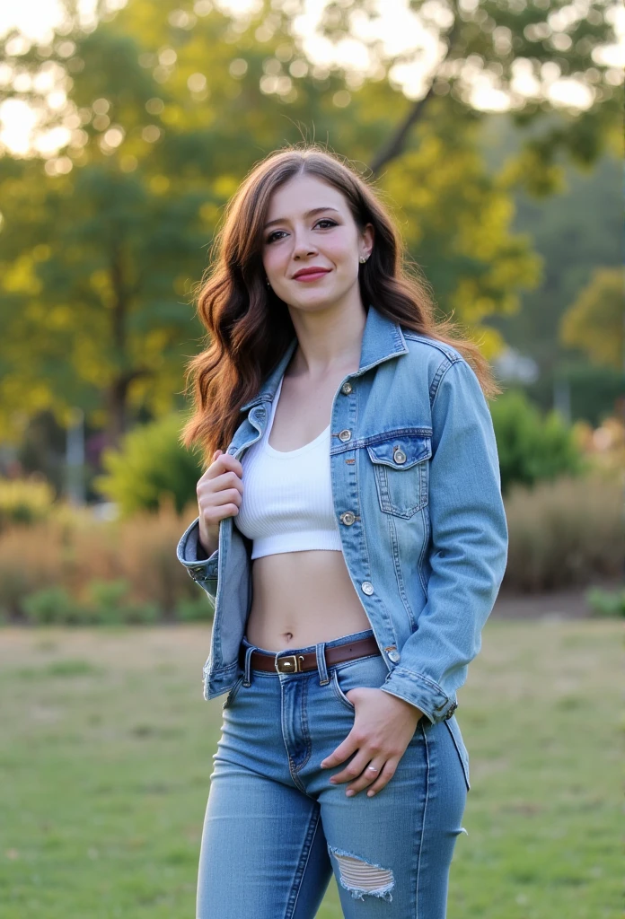 Chrissy wearing a denim jacket and a white crop top, and bottom ripped jeans, white sneakers shoes, looking at the camera, smiling, Loose Curls Hairstyle
