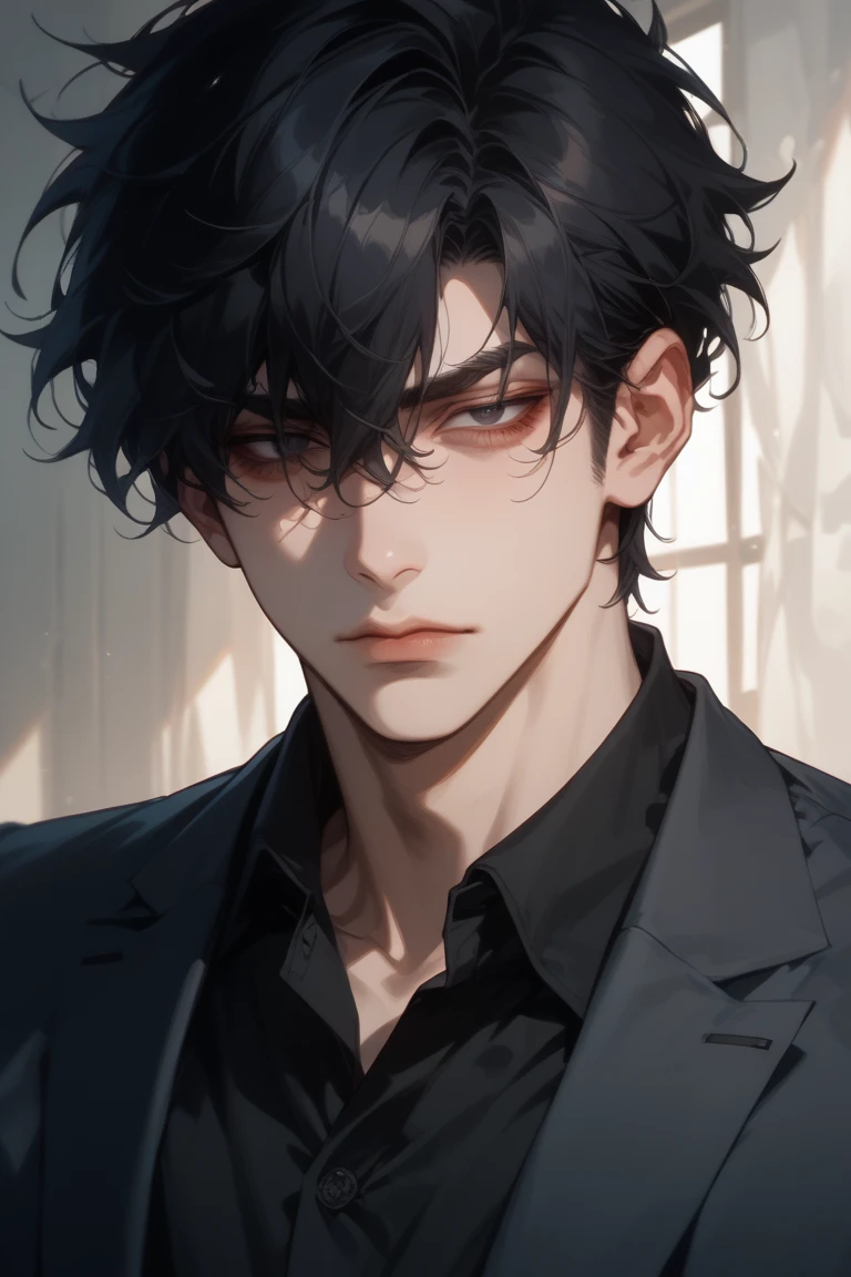 (score_9, score_8_ up), score_7_ dark atmosphere, Adult male,  black hair,  fluent language  ,  one boy ,  dark eyes,  No Emotion , male concentrated, concentrated, Chest,  flameout , reality , Bust ,  sexy boy ,  bangs over eyes  ,  shirt、Downcast eyes、suit、Thin eyebrows