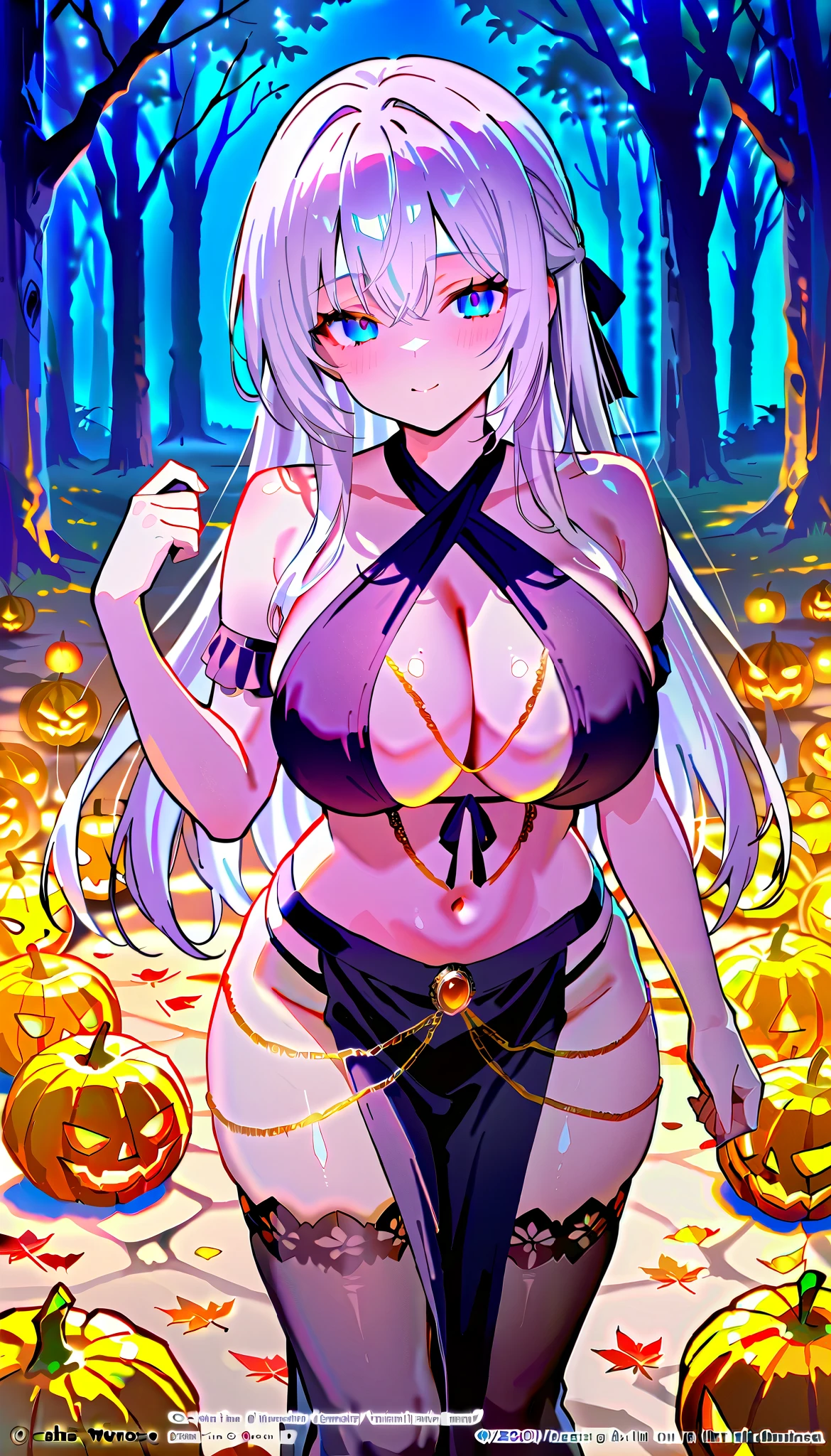   dazzling ,  intellectual and elegant  ，alia,  Create an enchanting anime-style illustration of a beautiful woman with long white hair,  dressed in very sexy Halloween lingerie . Big breasts  (125cm),  thick sexy thighs,a large neckline  ,  She is in a moonlit forest  ,   surrounded by shiny pumpkins and floating autumn leaves  .   The composition should focus on your striking features  ,   with hair falling elegantly over the shoulders  . Use soft , }  ethereal lighting that casts soft shadows  , highlighting the mystical atmosphere.   The color palette must include deep purples  ,   vibrant oranges  ,   and touches of silver to evoke a magician  , Vibe de Halloween.   Incorporate intricate details into your fantasy  ,   weather like lace and shiny fabrics  ,   showing textures that contrast with the softness of your skin  .  } Capture the feeling of movement as the leaves dance around you  ,  creating a ,   but slightly mysterious  .   fanciful Look for high resolution  , adequado para uma impressão   dazzling,   with sharp details and vibrant colors  ,   pretty face