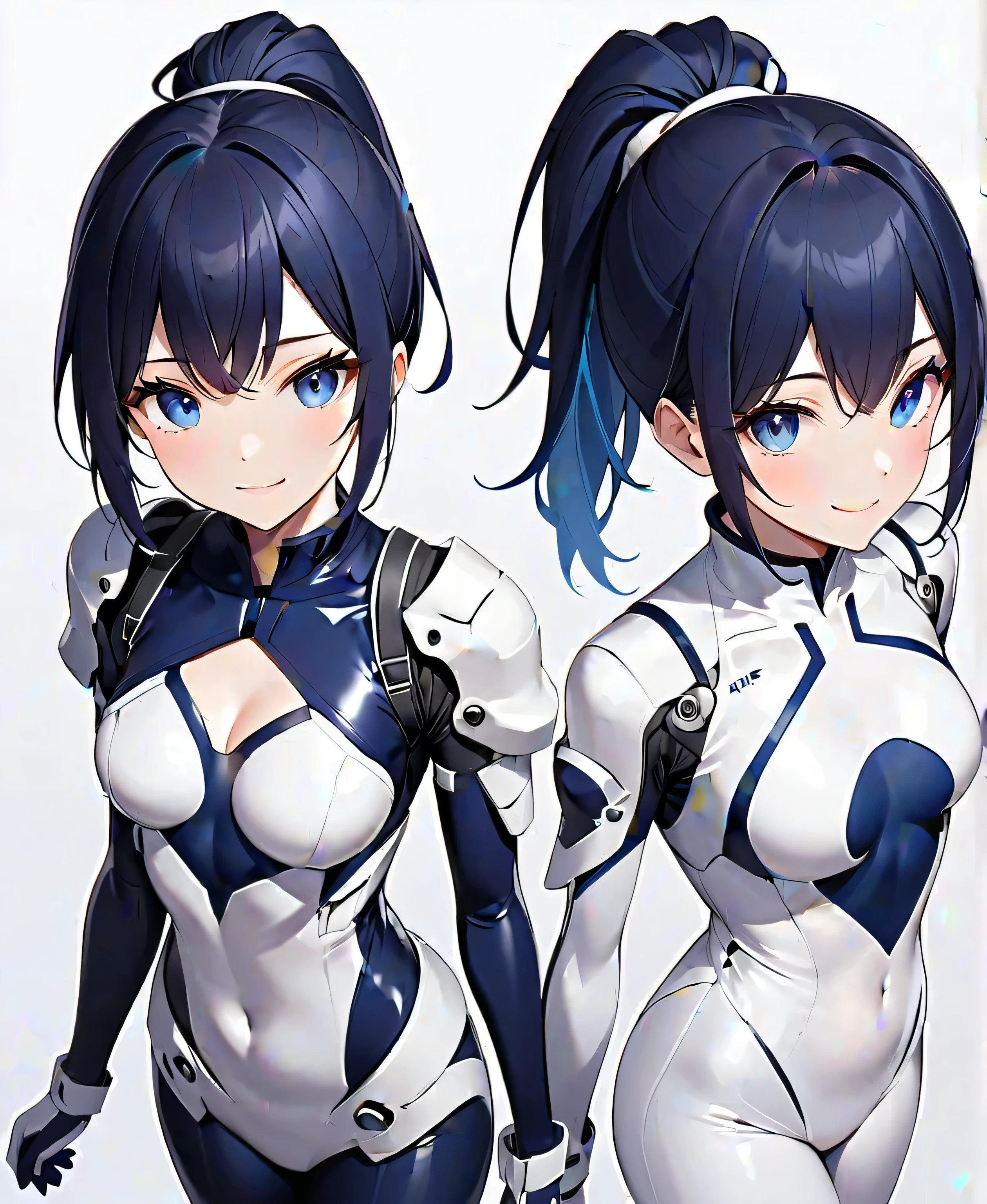 2girls, multiple girls, two female characters, half-siblings, ldual persona, height difference, crossover, friends, anime style, 4k quality, masterpiece, best quality, "Kanase Kanon blue eyes, White hair, side braid, braid, blue ribbon, hair ribbon, medium hair, small breasts, neatfigure, teenage girl, Height 158 cm", "Tobiichi Origami white hair, short hair, blue eyes, hairclip, beautiful eyes, detailed eyes, small breast, height 152 cm ", adopted costume, cosplay, fortified suit, bodysuit, pilot suit, fortified suit, ((shiny clothes)), ((blue :1.3) plugsuit), ((black :1.3) armored), glossy, pilot suit, armored bodysuit, impossible clothes, impossible bodysuit, headgear, interface headset, chin protector, The suit's chin guard is notably absent in Alternative's anime adaptation, smile, closed mouth, standing, face-to-face, looking at another, holding hands, full body