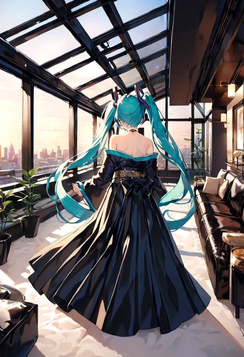 (hatsune miku:1.2), (kimono, long sleeves, long skirt, bare shoulder:1.2), (sheer black stocking:1.4), (cowboy shot:1.4), (luxurious penthouse, indoor rooftop japanese livingroom:1.4), 