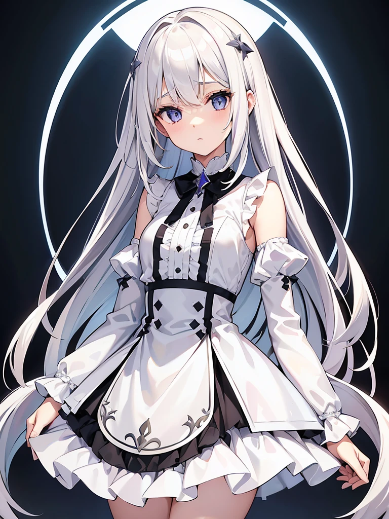 Una encantadora chica anime con cabello albino que cae en ondas hasta la cintura, sus ojos azules resaltan sobre su piel de porcelana. Ataviada con un vestido color vino, tinto y unos zapatos con calcetas de tul.
