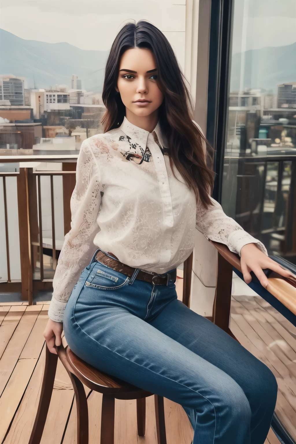 Kendall jenner face , age 20, sexy body, full, full hips and thighs, jeans, white lace embroidered shirt, soft hair and appropriate hairstyle, sitting on a wooden chair on the balcony, very detailed and precise details, very realistic, Instagram style, natural lighting, high quality, long shot, distant scene