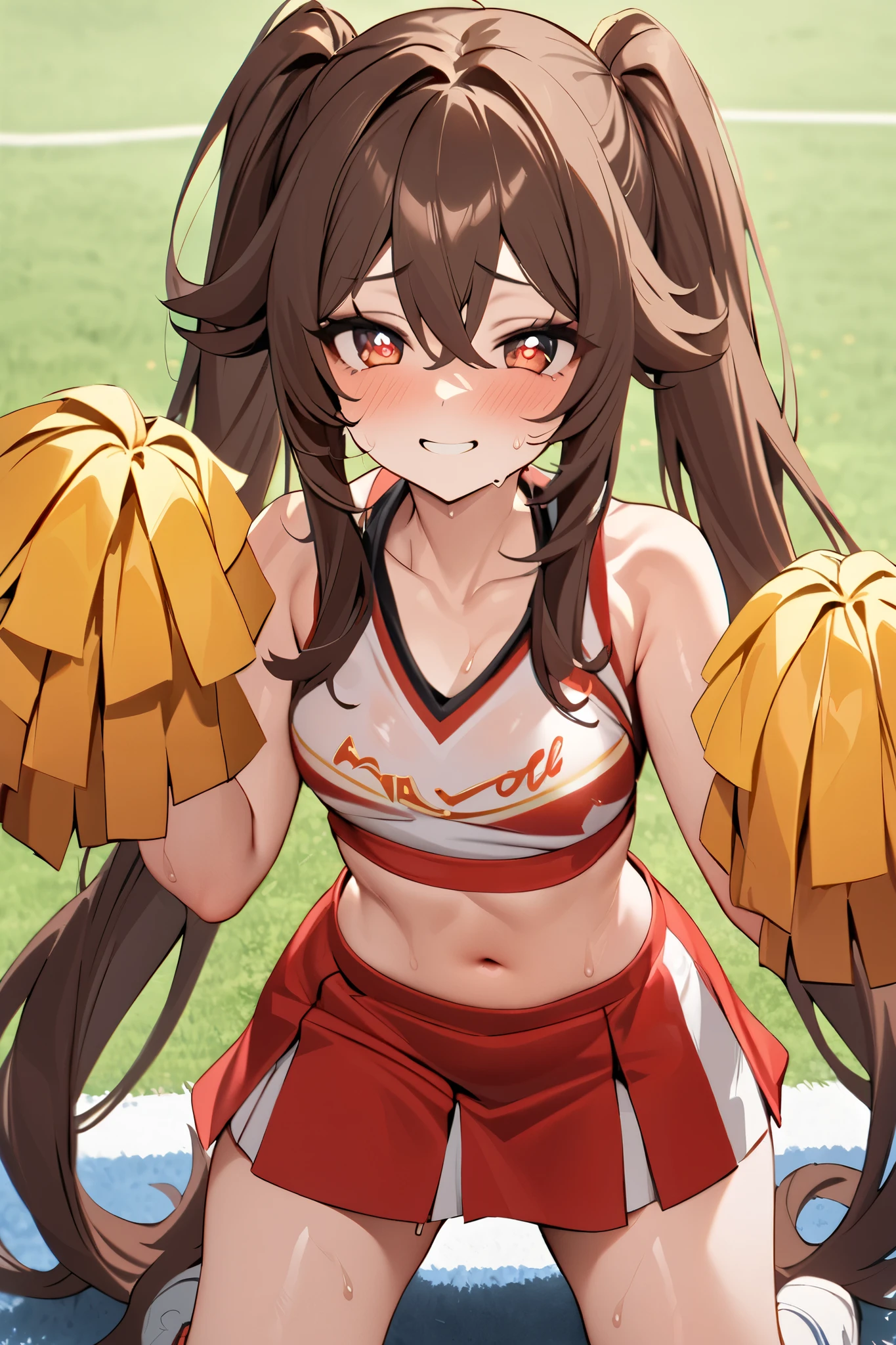 NSFW,masterpiece, top quality , high res, very detailed,Futao\(Genshin Impact\)、 long hair、bangs、Brown Hair、Red Eye、 hair between eyes、 twin tails、side lock、 symbol shaped pupil , cheerleader, crop top, miniskirt, spats,Ground, fresh smile ,sweat, cute pose, is transparent