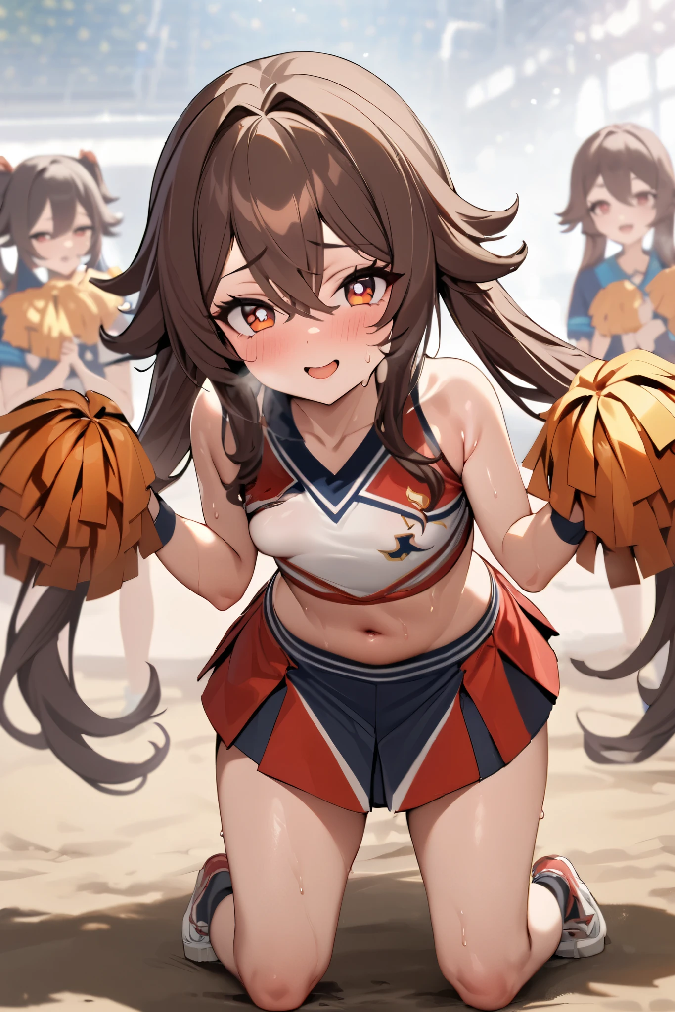 NSFW,masterpiece, top quality , high res, very detailed,Futao\(Genshin Impact\)、 long hair、bangs、Brown Hair、Red Eye、 hair between eyes、 twin tails、side lock、 symbol shaped pupil , cheerleader, crop top, miniskirt, spats,Ground, fresh smile ,sweat, cute pose, is transparent