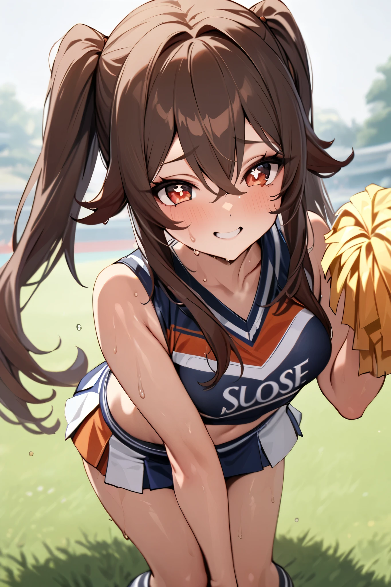 NSFW,masterpiece, top quality , high res, very detailed,Futao\(Genshin Impact\)、 long hair、bangs、Brown Hair、Red Eye、 hair between eyes、 twin tails、side lock、 symbol shaped pupil , cheerleader, crop top, miniskirt, spats,Ground, fresh smile ,sweat, cute pose, is transparent