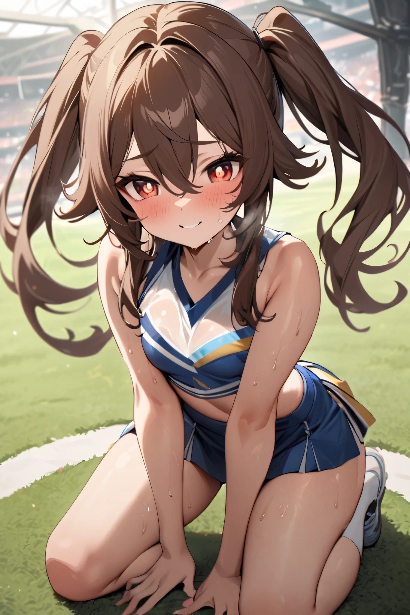 NSFW,masterpiece, top quality , high res, very detailed,Futao\(Genshin Impact\)、 long hair、bangs、Brown Hair、Red Eye、 hair between eyes、 twin tails、side lock、 symbol shaped pupil , cheerleader, crop top, miniskirt, spats,Ground, fresh smile ,sweat, cute pose, is transparent