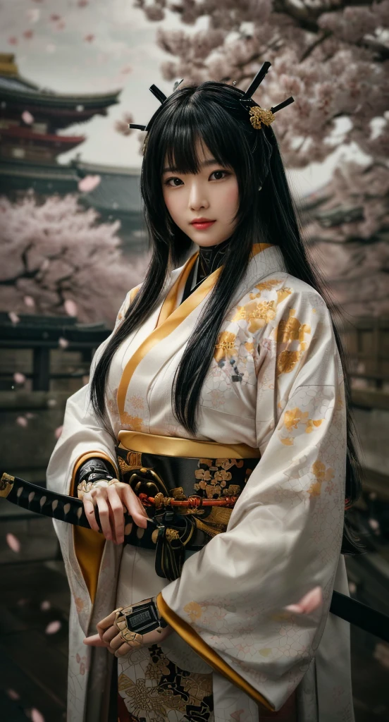 A cybernetic samurai woman in a traditional Japanese kimono with intricate golden patterns, standing in a serene environment surrounded by cherry blossom trees in full bloom. Her black hair flows naturally, accented with elegant hairpins. Her robotic hands hold a katana with a detailed hilt, while her calm, piercing gaze reflects strength and mystery. The background features a traditional Japanese temple bridge, partially obscured by the gentle fall of pink sakura petals. The lighting is soft and atmospheric, emphasizing the blend of traditional Japanese aesthetics and futuristic cyberpunk elements. High detail, ultra-realistic rendering, cinematic composition.