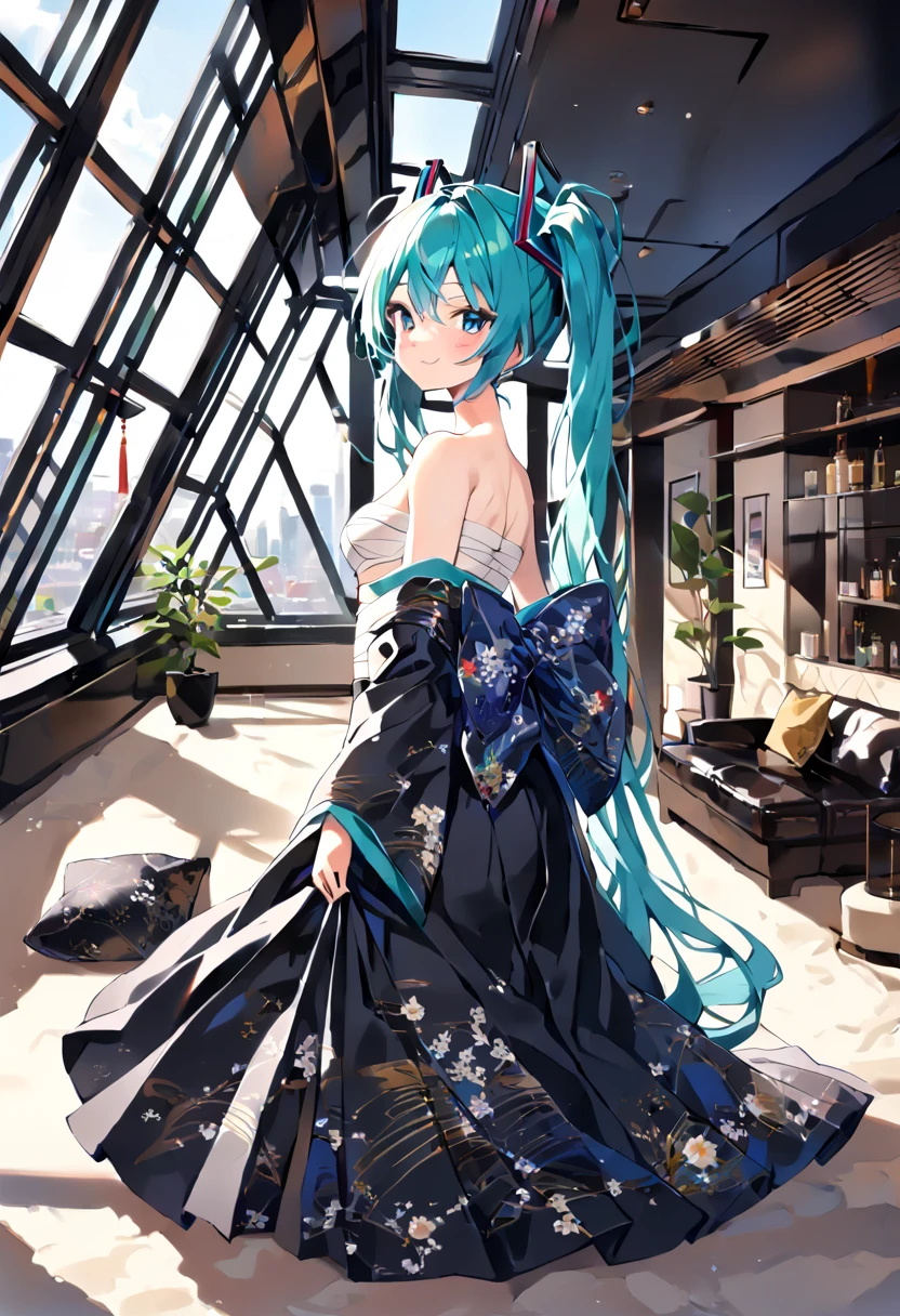 (hatsune miku:1.2), (kimono, long sleeves, long skirt, bare shoulder:1.2), (sarashi:1.4), (sheer black stocking:1.4), (cowboy shot:1.4), (luxurious penthouse, indoor rooftop japanese livingroom:1.4), 