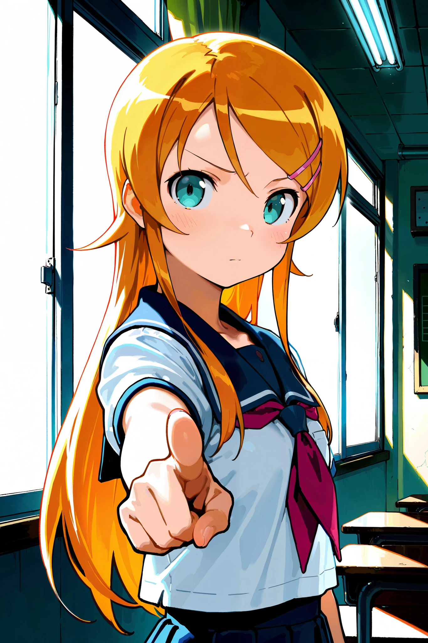 Masterpiece , top quality, score_9, score_8_up, score_7_up, break ( 1 girl ,yo, kousaka kirino, height 1.65meters , Slim 45kg, hair accessory with a star on the right eye, alone, long hair,upper body,MEDIUM BRAASTS :1.4, hair clip , Orange Hair,School, sailor suit,Aqua Eyes, blue eyes, BREAK watching viewers、 zitoida,pointing at viewer