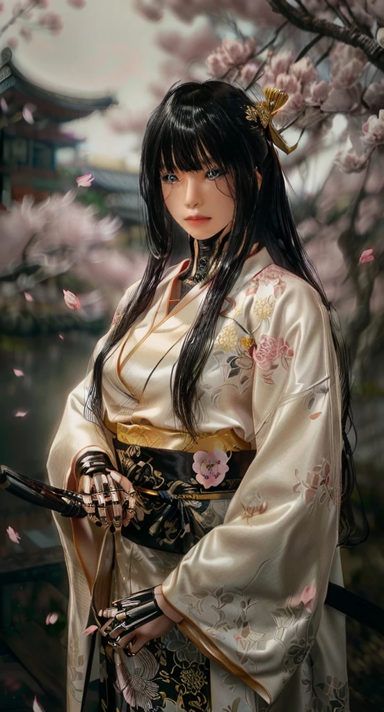 A cybernetic samurai woman in a traditional Japanese kimono with intricate golden patterns, standing in a serene environment surrounded by cherry blossom trees in full bloom. Her black hair flows naturally, accented with elegant hairpins. Her robotic hands hold a katana with a detailed hilt, while her calm, piercing gaze reflects strength and mystery. The background features a traditional Japanese temple bridge, partially obscured by the gentle fall of pink sakura petals. The lighting is soft and atmospheric, emphasizing the blend of traditional Japanese aesthetics and futuristic cyberpunk elements. High detail, ultra-realistic rendering, cinematic composition.